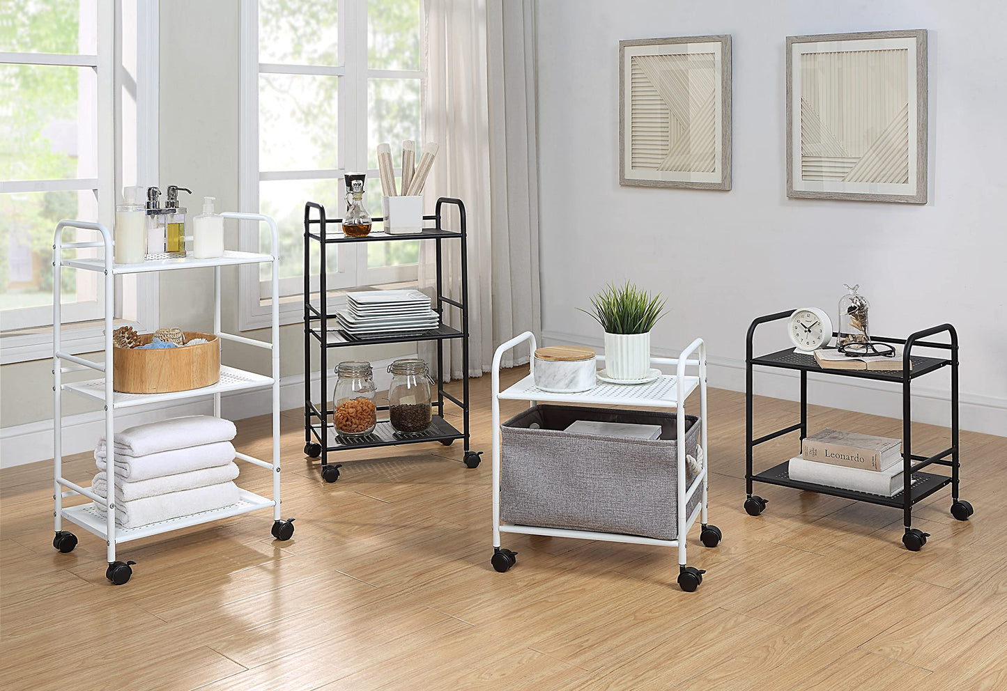 SunnyPoint 2-Tier Metal Rolling Utility Cart – Mobile Storage Shelf with Caster Wheels – Small Space Organizer for Home, Office, Bedroom, Kitchen (WHT)