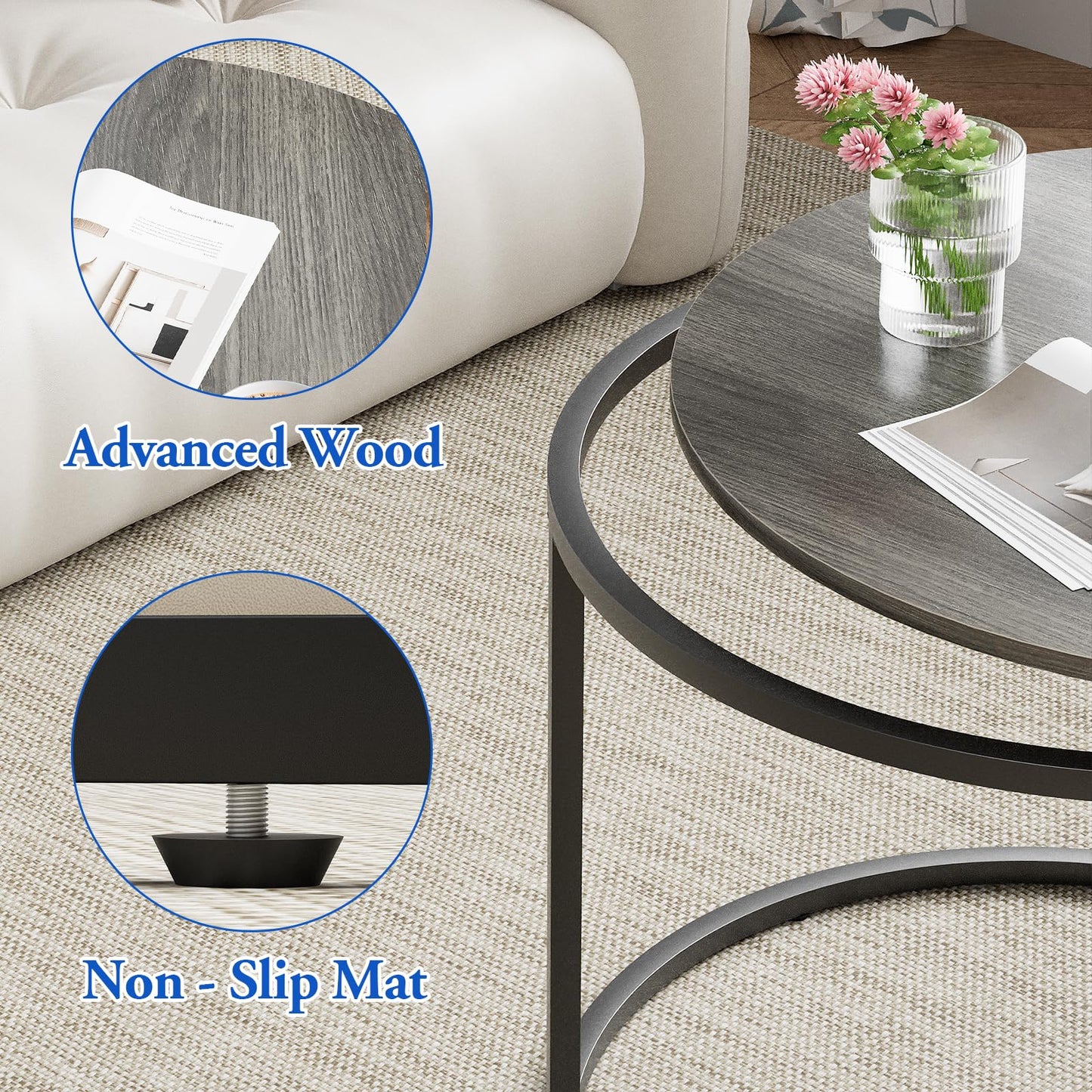 VILAWLENCE Nesting Coffee Table Set of 2, Modern Round Side Table End Tables for Living Room Bedroom Balcony,Grey Wooden Stacking Accent Coffee Tables with Metal Frame