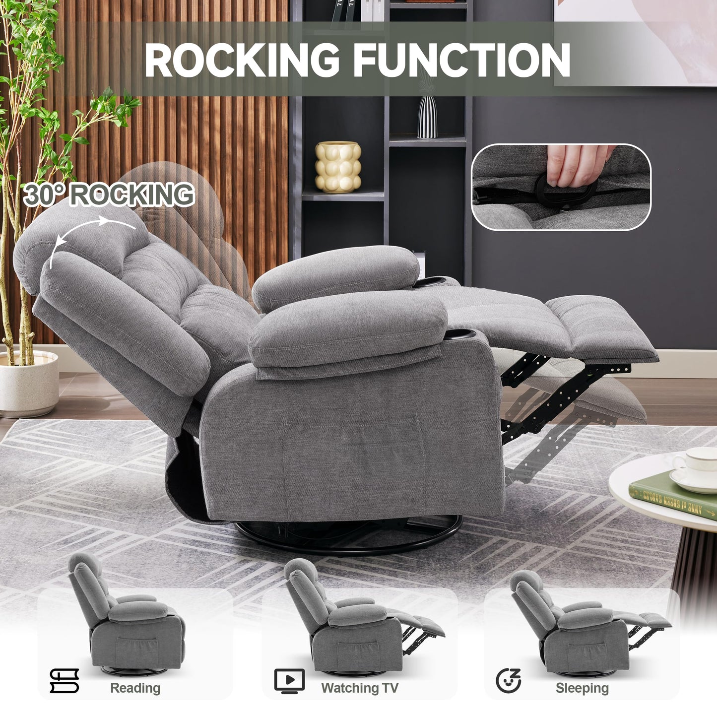 Rocker Recliner Chair with Heat and Massage, 360° Swivel Recliner Chairs for Adults, Oversized Recliner Single Sofa Seat with Cup Holders, Lazy Boy Recliner Single Sofa Seat, Grey