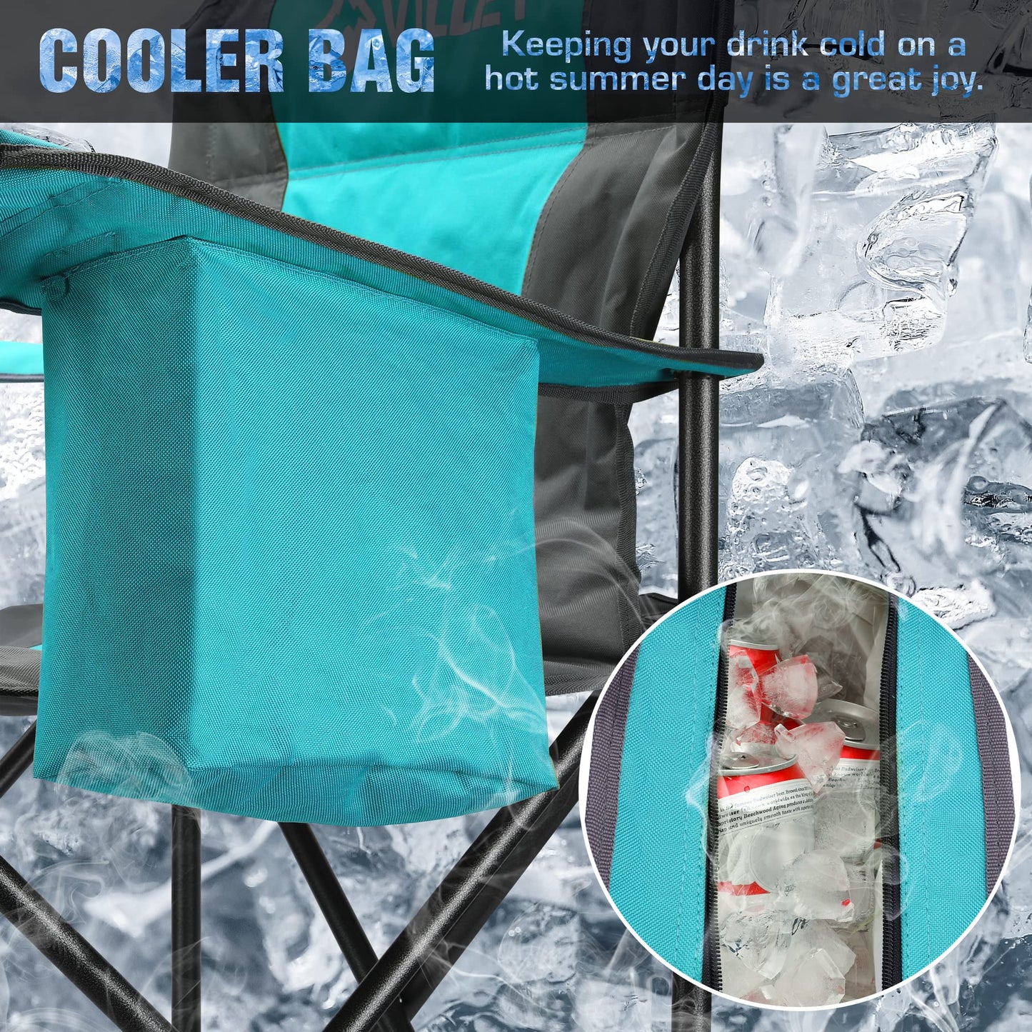 VILLEY Camping Chair, Oversized Folding Camp Chair, Portable Outdoor Chairs Support 400 LBS with Padded Seats, Cooler Bag, Cup Holder, Carry Bag, Blue