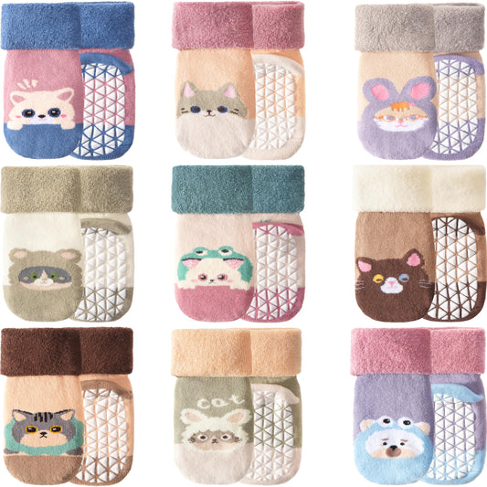 ANTSANG Baby Toddler Socks With Grippers Girls Boy Kids Unisex Winter Warm Thick Cotton Ankle Crew Non-Slip/Anti-Skid Socks 9 Pairs(Cartoon Animal,1-3T)