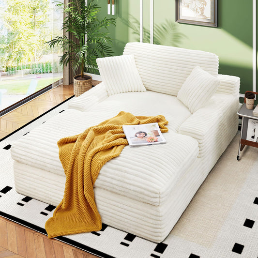 WorthFurni 57.5" Oversized Chaise Lounge Chair Indoor - Upholstered Sofa Bed with Cushions and Armrests Sleeper Chair - Plush Bed for Living Room(White