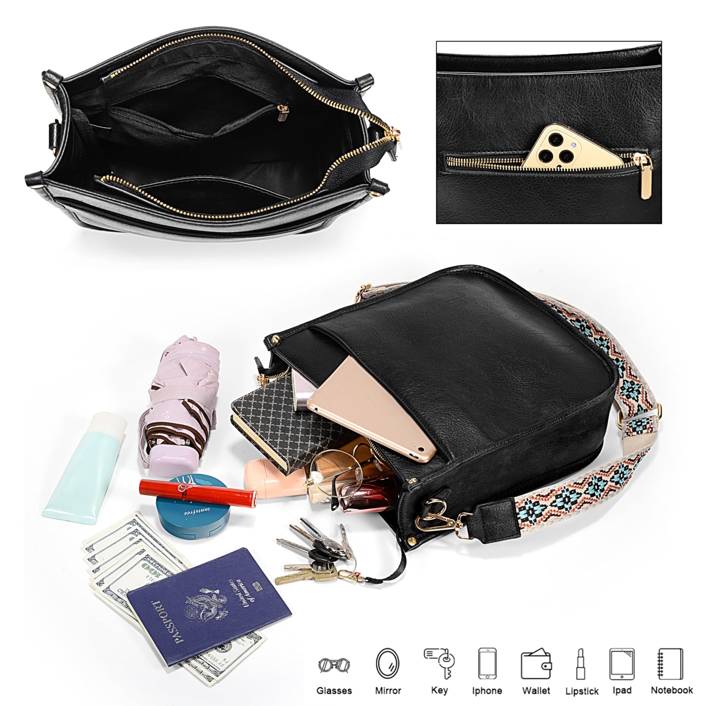 Uromee Crossbody Shoulder Bags for Women Trendy Vegan Leather Multi Pocket Shoulder Handbag Purse Adjustable Strap