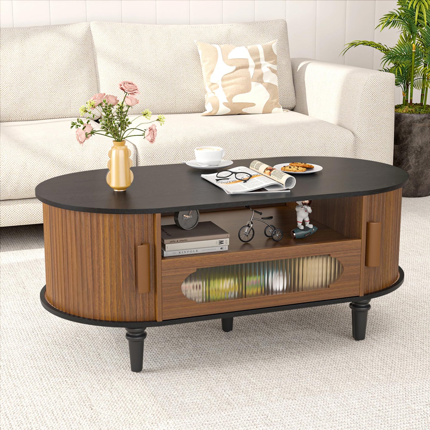 Fluted Round Coffee Table with Storage, Modern Oval Coffee Table with Drawer, Sliding Door, Low Small Center Tables for Living Room, Wooden Boho, Mid Century, Unique, Black and Walnut
