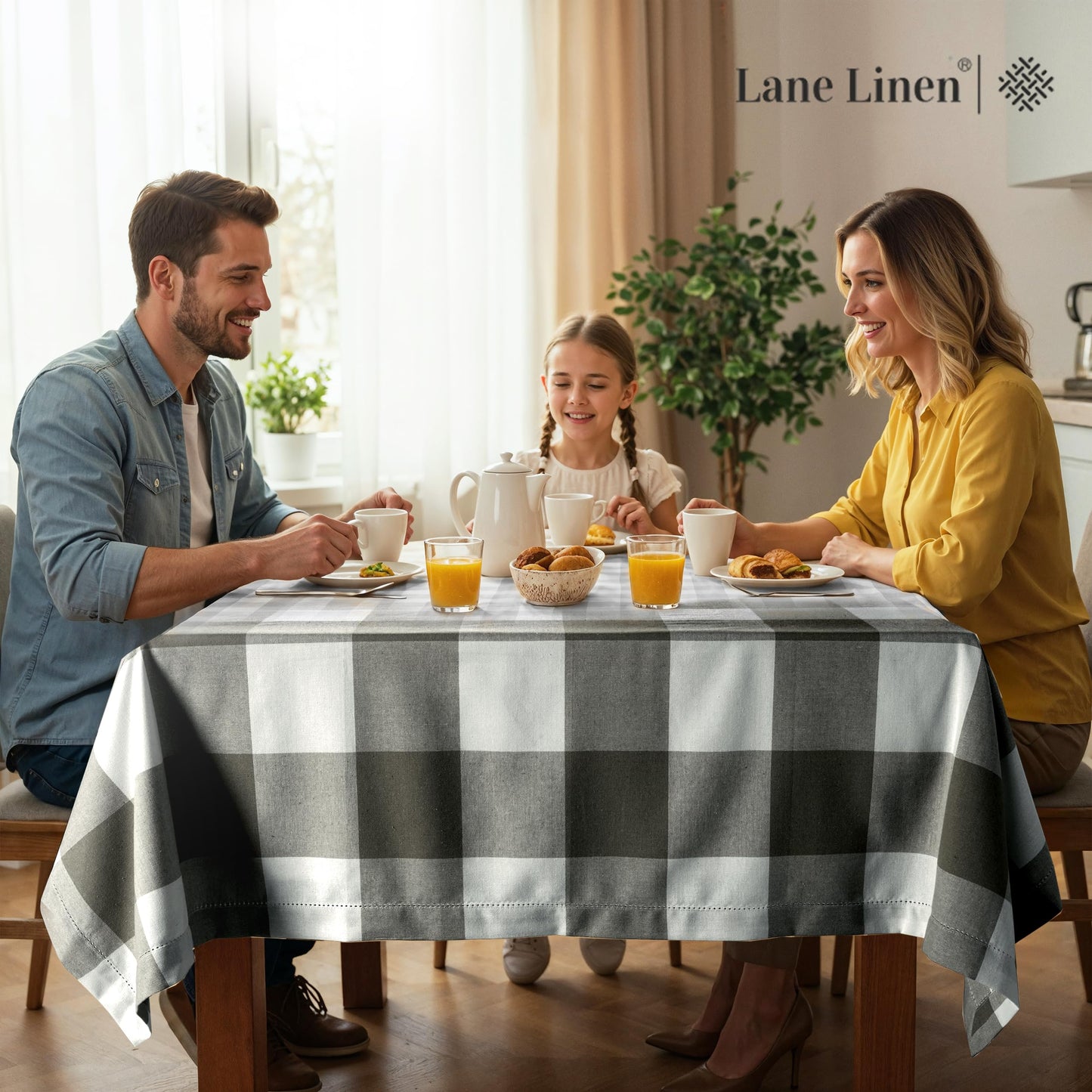 LANE LINEN 60 x 120 Inch Plaid Tablecloth Rectangle - Stain Resistant, Spillproof and Washable Gingham Table Cloth for Outdoor Picnic, Kitchen and Holiday Dinner, Black and White