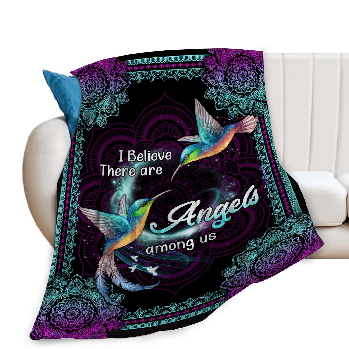 Hummingbird Blanket Heaven Hummingbird Throw Blanket I Believe Inspirational Blanket Gifts for Girls Boys Winter Bedding Super Warm Soft Plush Fleece Flannel Blanket for Kids Adults Men Women 50"X40"