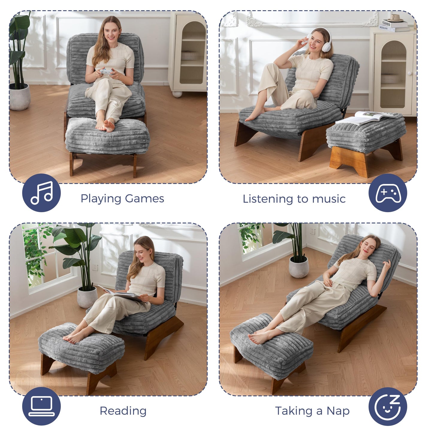 MAXYOYO Modern Adjustable Accent Chair with Ottoman, Upholstered Living Room Chair with Footrest Set, Soft Reclining Lounge for Bedroom, Apartment, Office, Grey