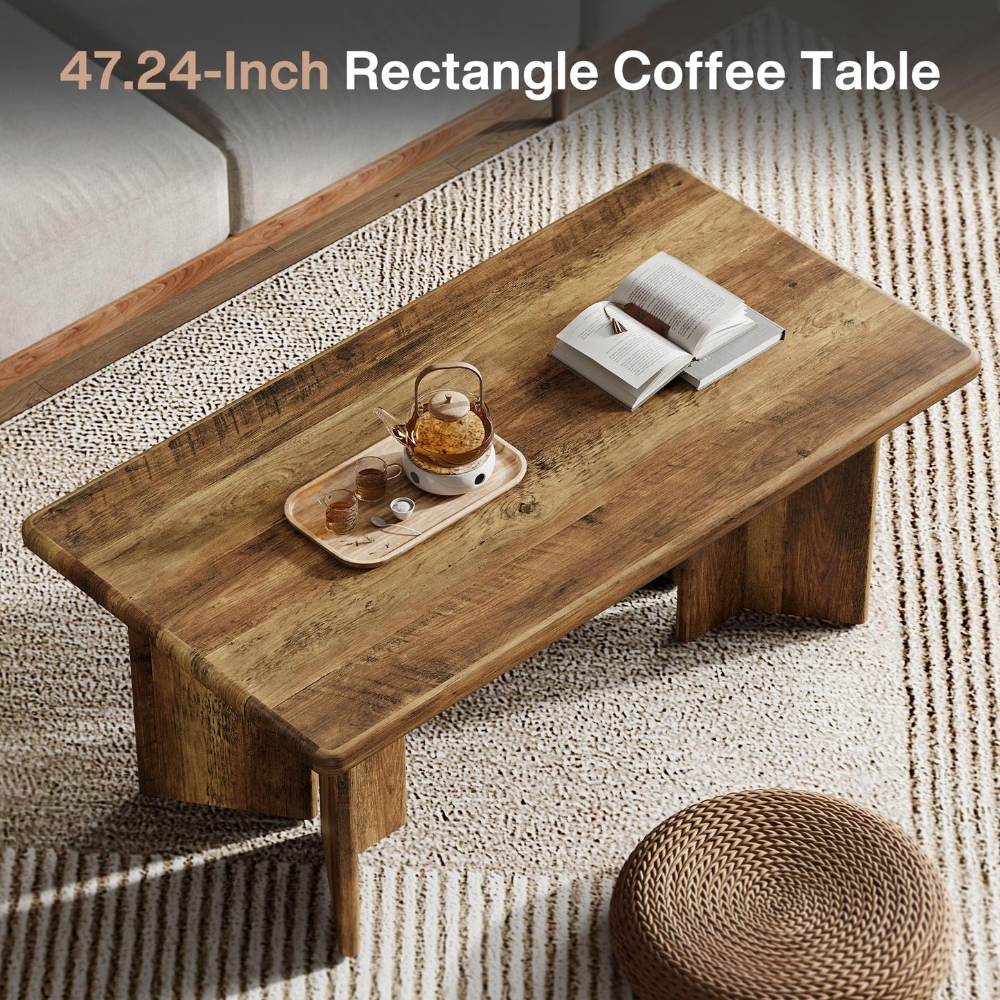 Tribesigns Rectangle Coffee Table, 47.24-Inch Farmhouse Low Cocktail Tea Table, Home Living Room Center Furniture, Rustic Brown