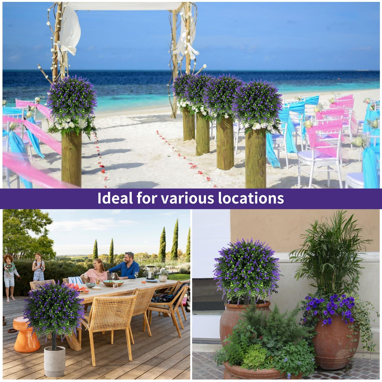 27.2" Artificial Lavender Topiary Set of 2 with Spike, Fake Plants Boxwood Balls Greenery Shrubs , Uv Resistant Artificial Push in Flowers Bushes for Outdoor Front Porch Decor, Home Faux Plants Indoor