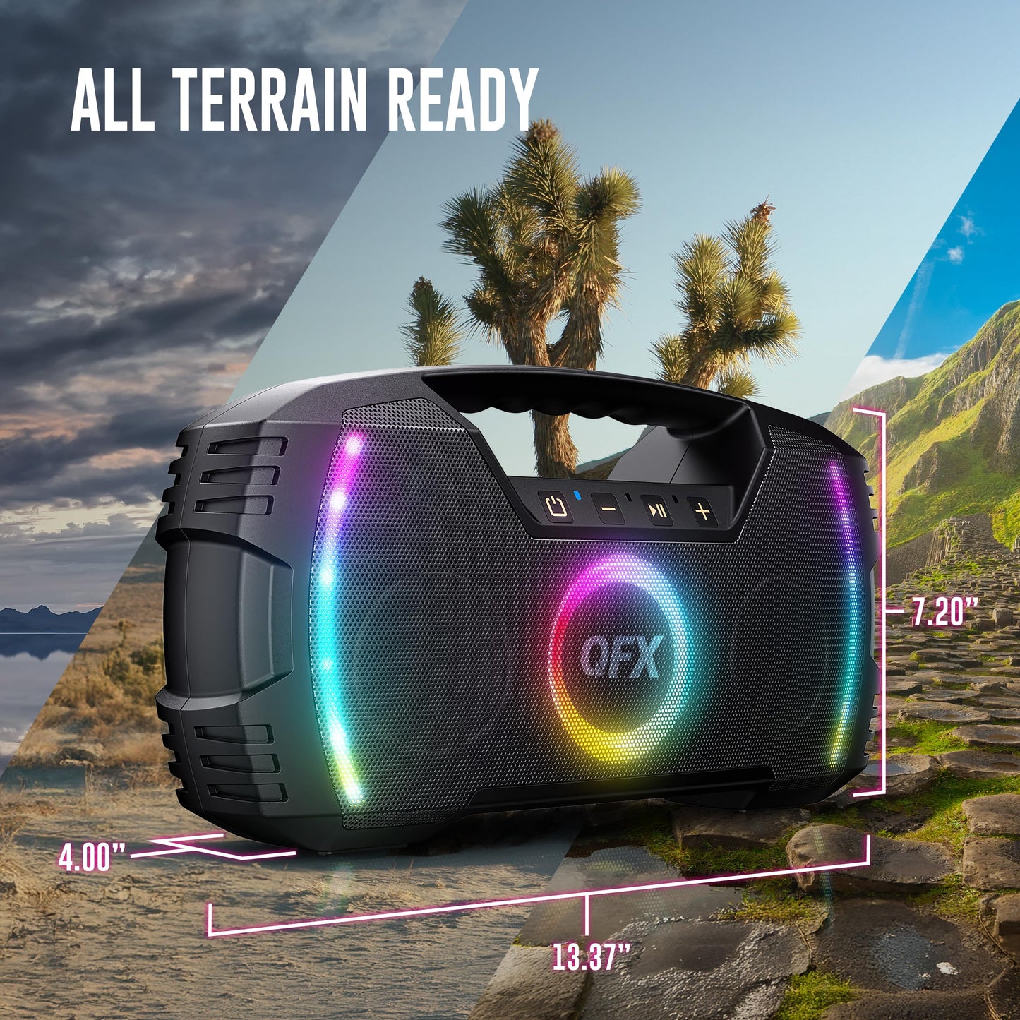 Powerful & Portable Waterproof All Terrain Bluetooth Speaker with Deep Bass, LED Party Lights, Fast USB-C Charging, FM Radio, AUX – QFX BT-ZX35