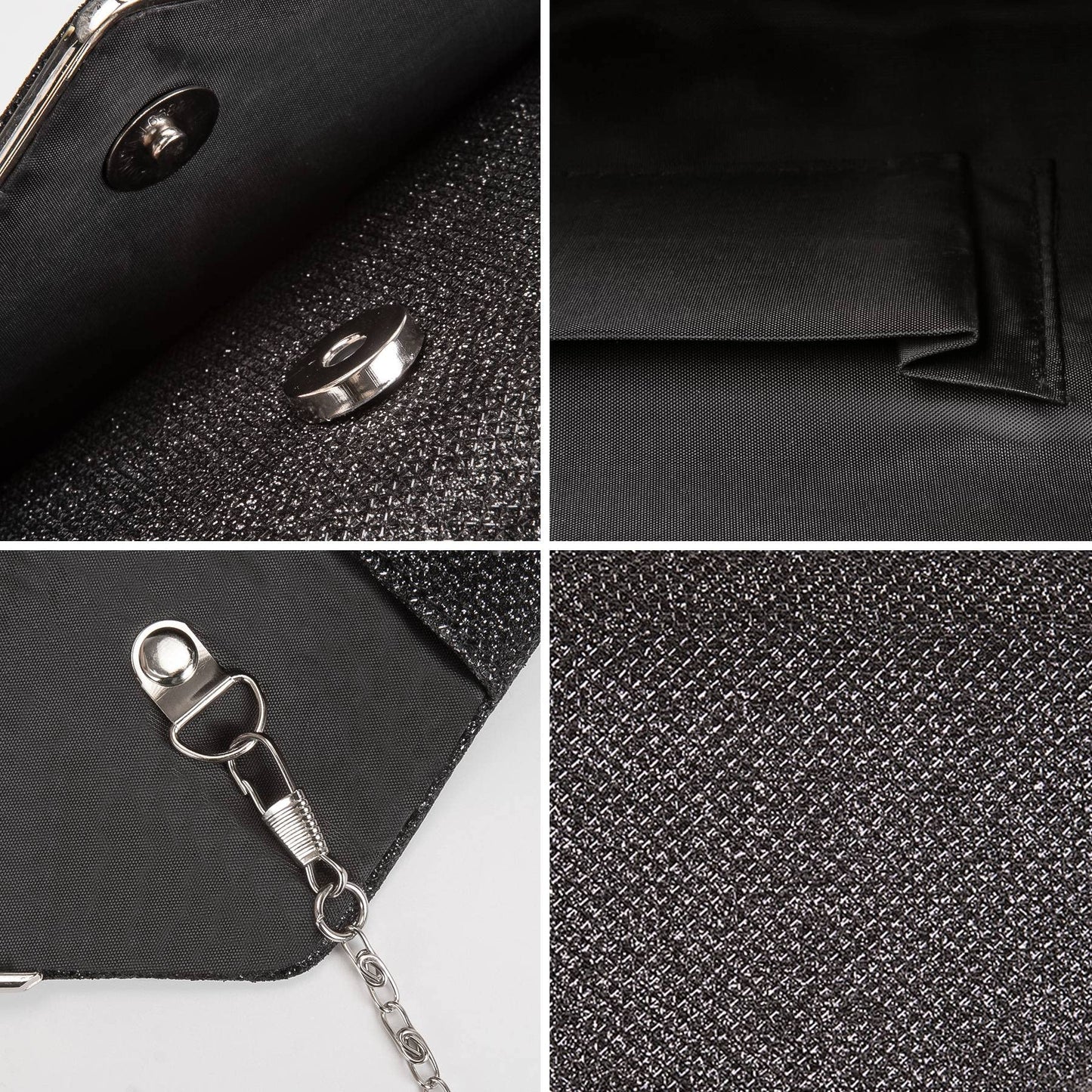 Larcenciel Clutch Purses for Women, Sparkling Envelope Evening Bag with Detachable Chain, Glitter Sequins Metal Formal Handbag Shoulder Crossbody Bag Prom Party Purse Bridal Wedding Clutch Bag(Black)