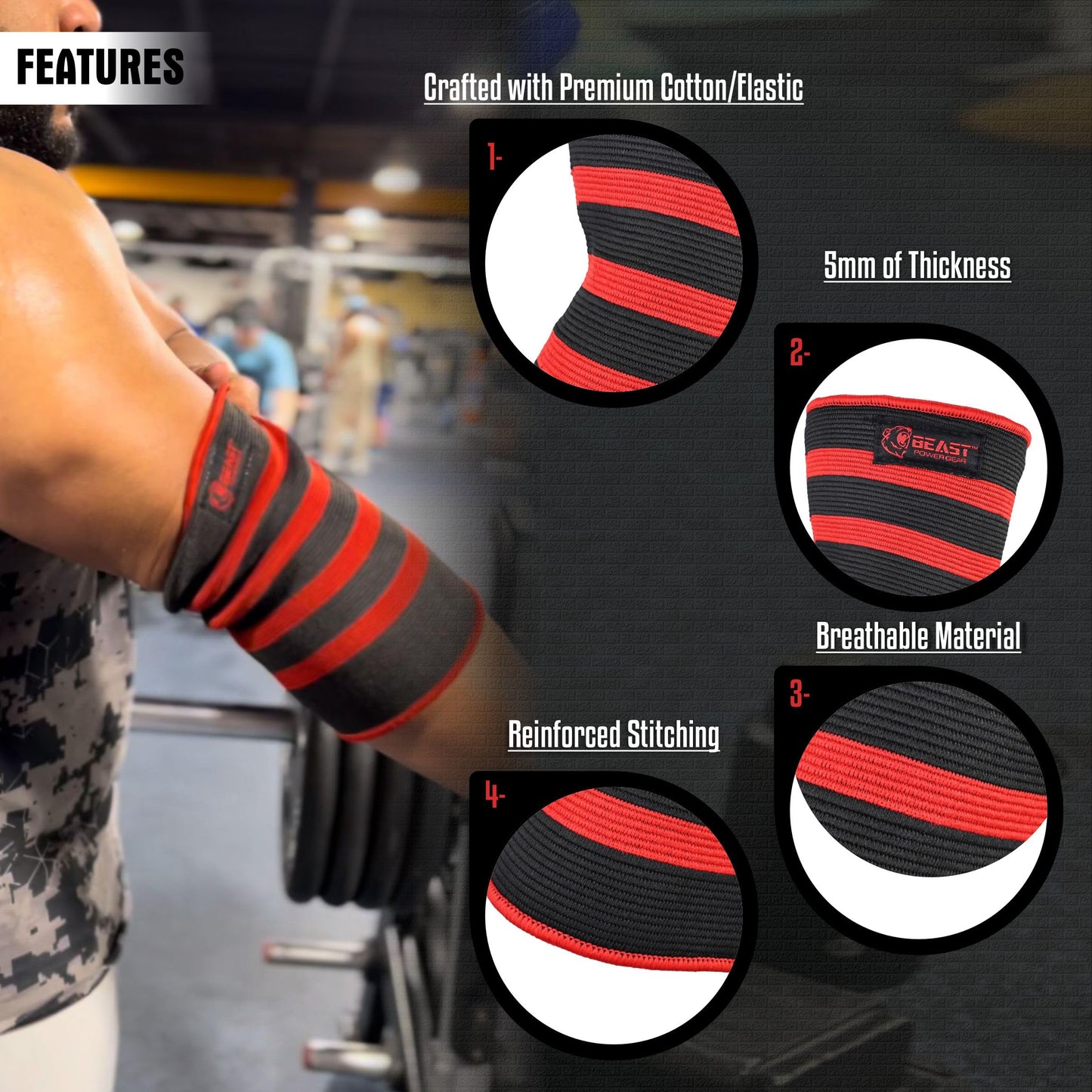 Elbow Sleeve (Pair) Dual-Ply Elbow Support & Compression for Powerlifting Weightlifting Heavy Bench Press Men & Women (Black/Red, Large)