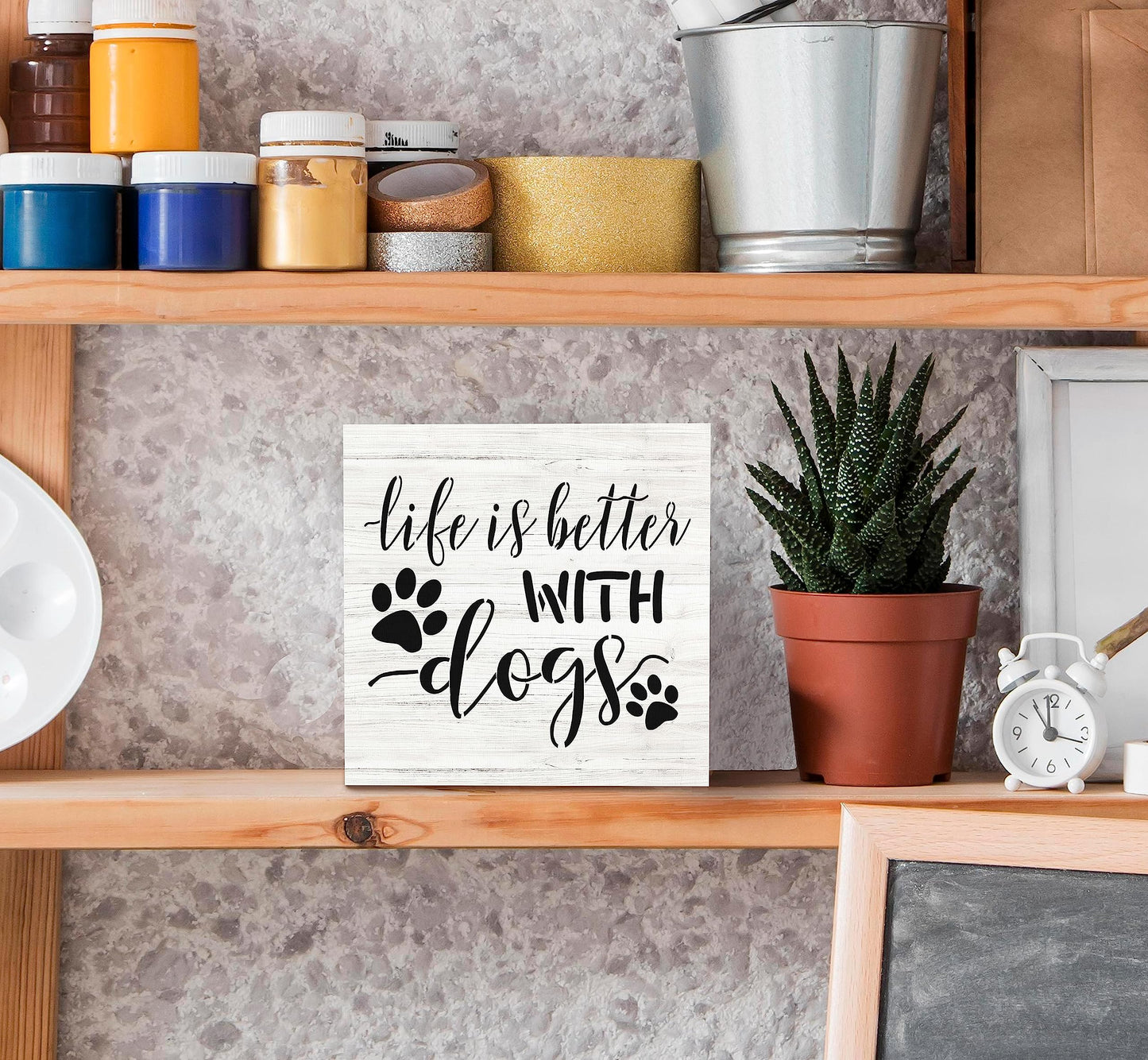 SRADMO Life Is Better with Dogs Wood Box Sign Desk Decor, Dog Lovers Saying Rustic Wooden Block Box Sign Decoration For Home Living Room Shelf Table Decor