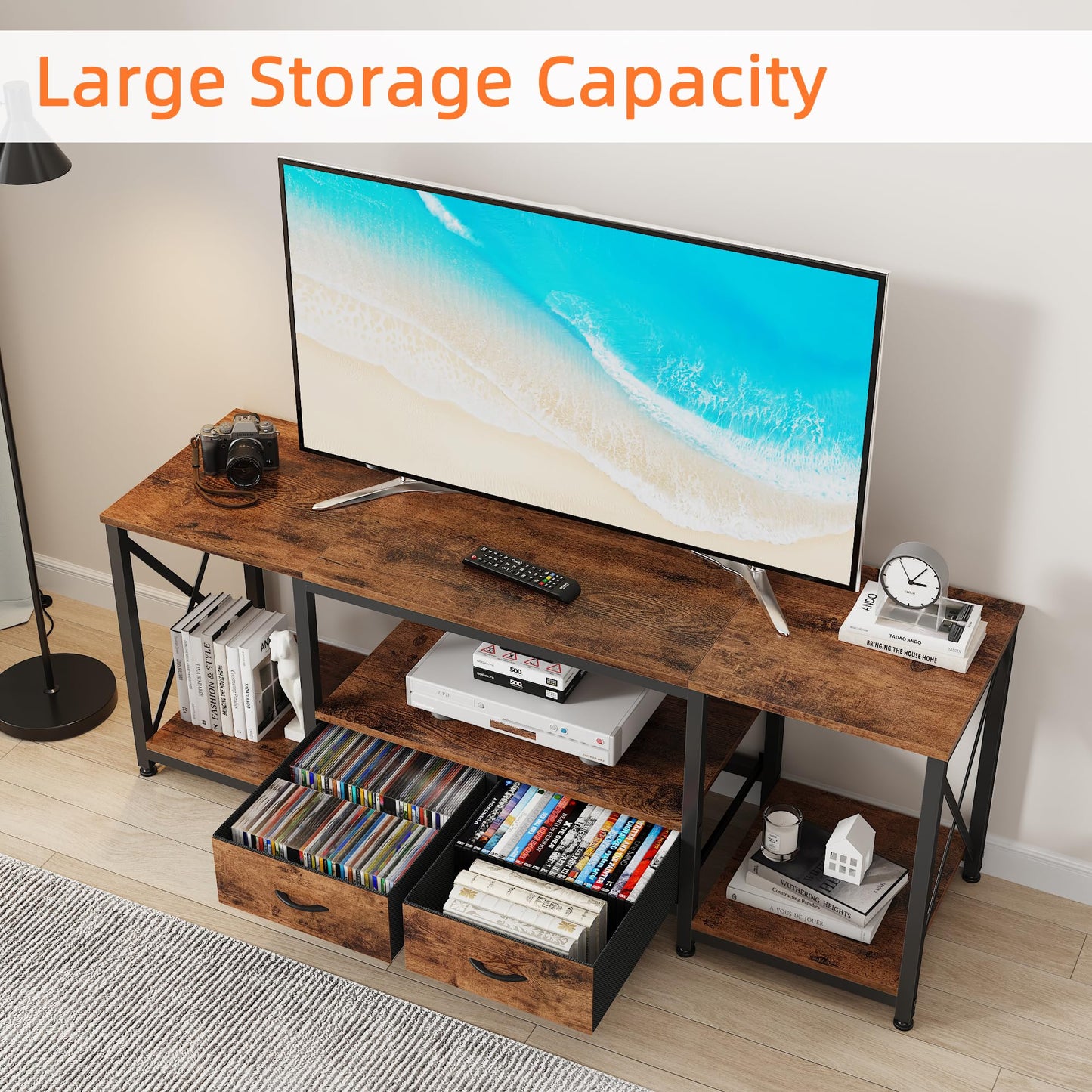 GYIIYUO TV Stand with Fabric Drawers for 65 70 75 Inches TV - Entertainment Center and Industrial TV Console Table with Open Storage Shelves for Living Room, Bedroom - 63" Rustic Brown