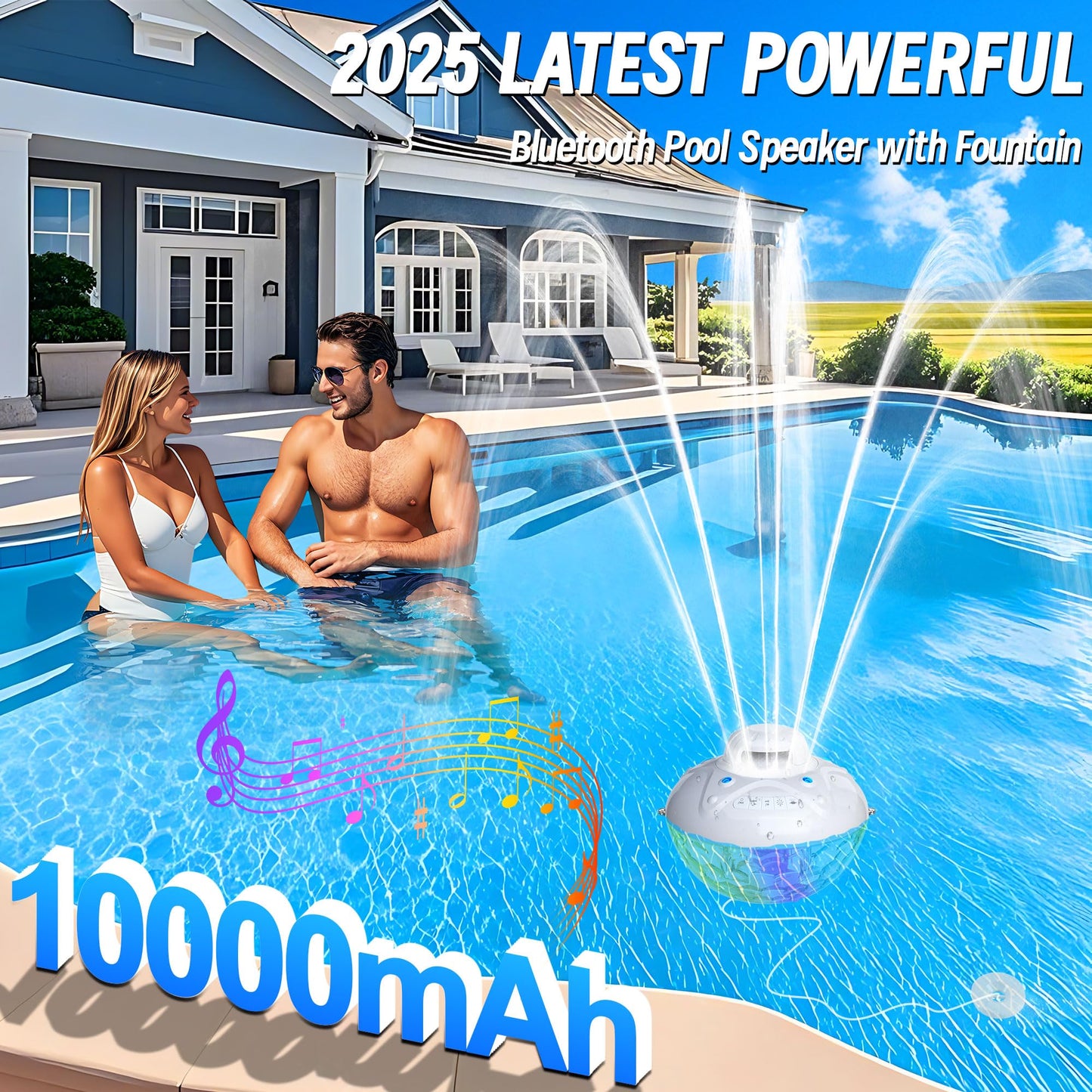 KingSom 3 in 1 Bluetooth Pool Speaker with Pool Fountain Light, 10000mAh Floating Pool Speaker, IP68 Waterproof Hot Tub Speakers, Loud Sound, BT5.4,24H Playtime Rechargeable pool Water Fountain, White