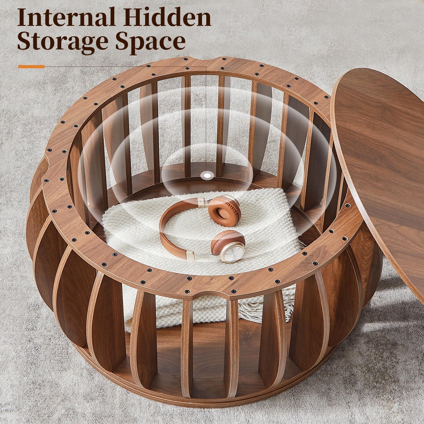 Bifins Drum Coffee Table with Storage,31.5” Wood Round Coffee Table,Farmhouse Pumpkin-Shaped Center Table for Living Room Home Office (Walnut)