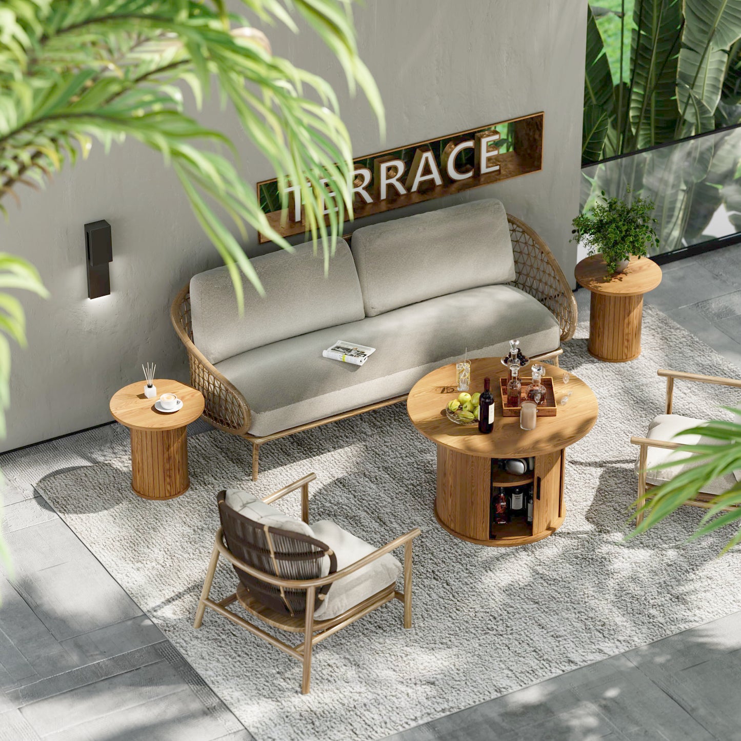 27.6" Small Round Coffee Table for Living Room, Farmhouse Fluted Side Table with 2-Tire Shelf Storage, Modern Circle Sofa Accent End Table with Walnut Finish