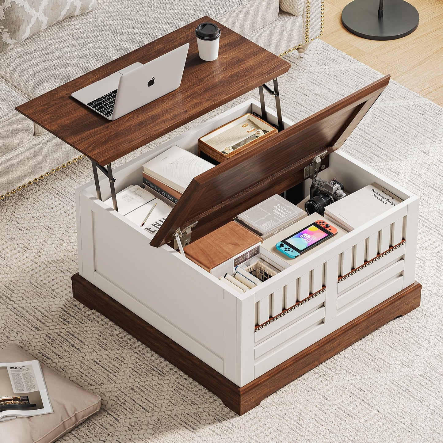 Farmhouse Lift Top Coffee Table with Large Hidden Storage Compartment, Wood Square Center Tables with Rivet Barn Door, Lift Tabletop Dining Table for Living Room, Home, Office