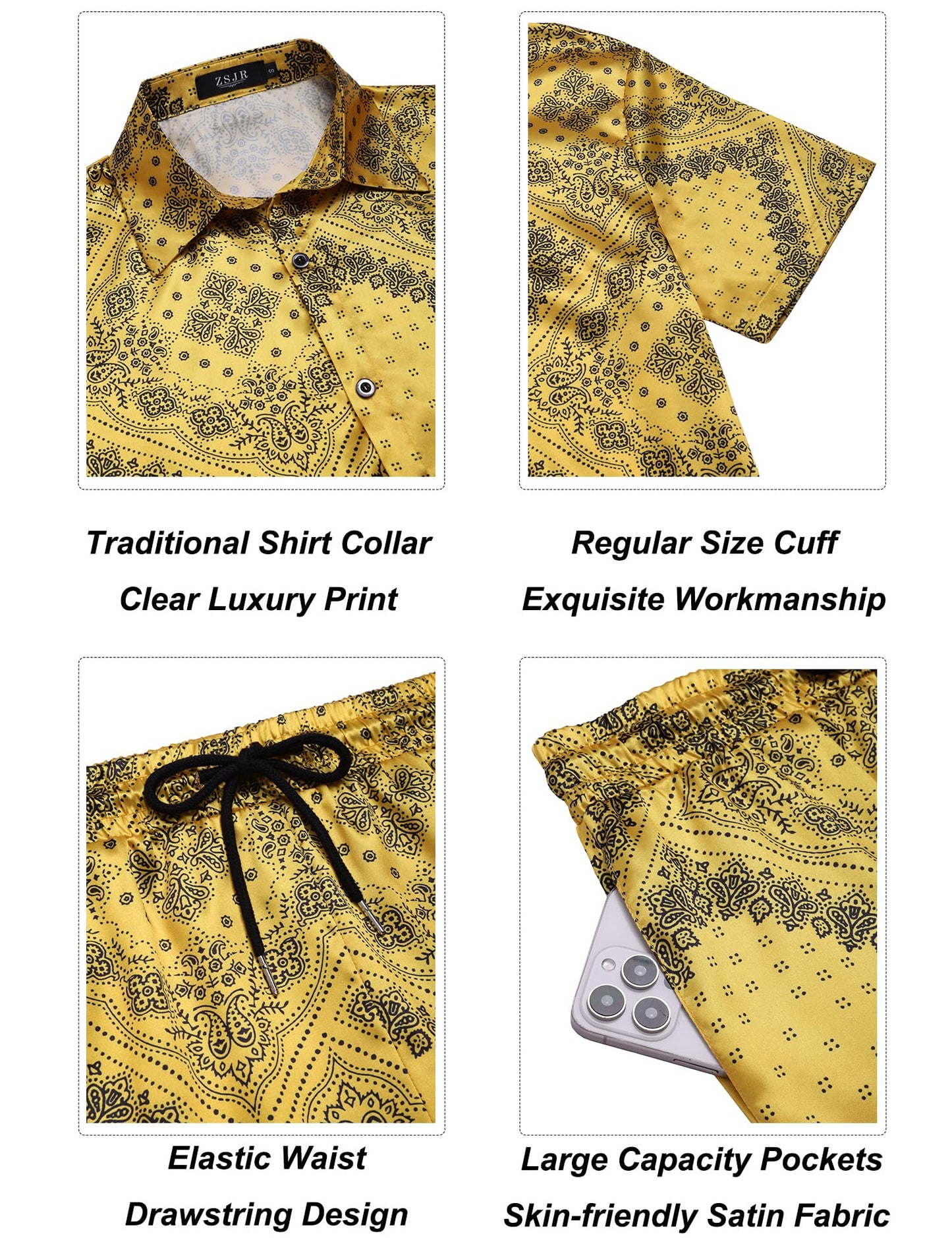 ZSJR Mens Hawaiian Shirt Sets Satin Silk Casual Button Down Shirts 2 Piece Luxury Summer Beach Outfits for Men