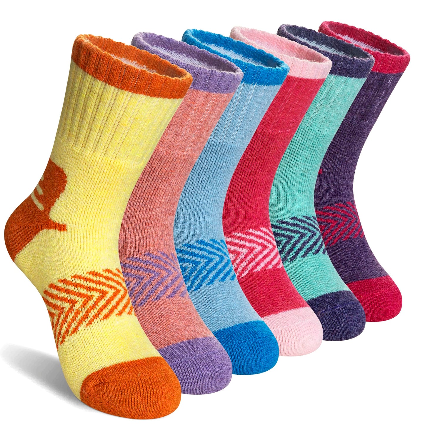 AMENLAN Kids Merino Wool Hiking Socks Boy Girls Winter Thick Boot Cushion Warm Thermal Crew Socks 6 Pairs (Colorful Stripes,13-15 Years)
