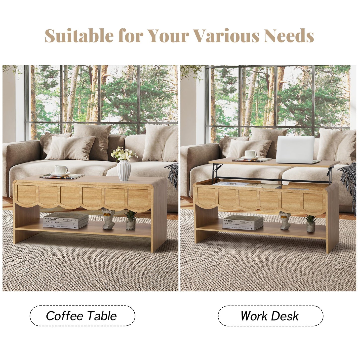 Lift Top Coffee Table with Hidden Compartment, 2 Tier Wooden Center Table with Wave Panel, Modern Lift Tabletop for Home Living Room Office, Natural