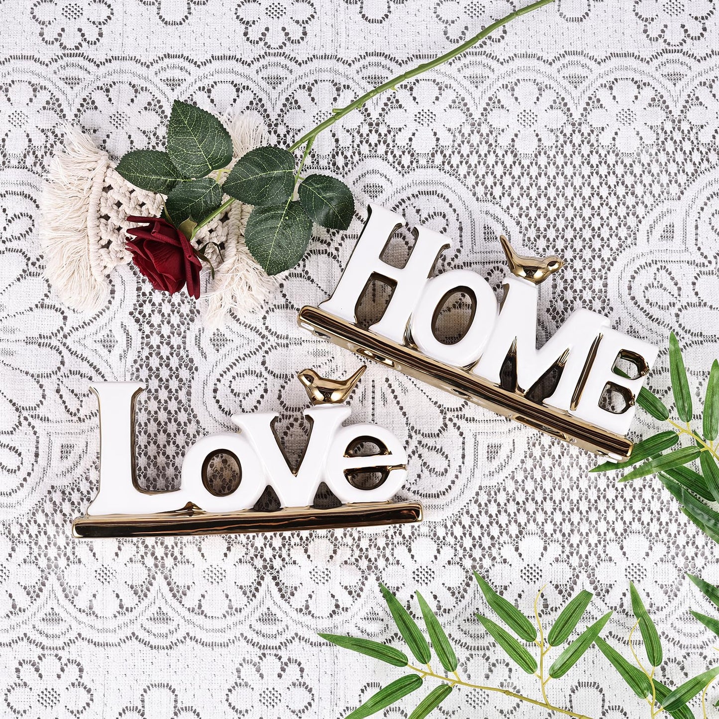 Love Sign Decor,White and Gold Room Decor Aesthetic, Knick Knack Shelf,Gold Bird Decor, Boho Bookshelf ,Abstract Gold Statue ,For Living Room,Bedroom, Contemporary Tv Stand Decor set of 2 (2, White)