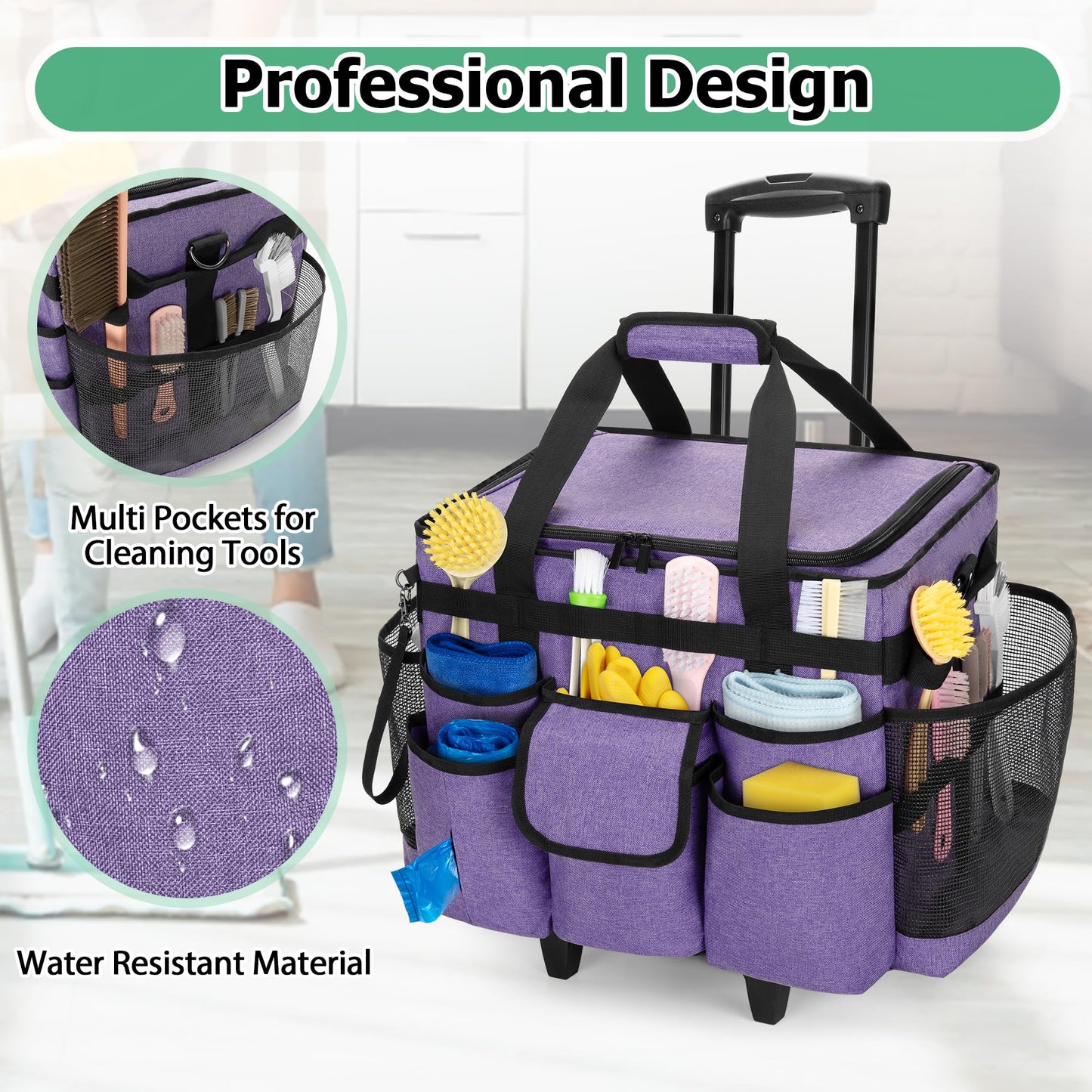 LoDrid Rolling Cleaning Caddy with Lid, Cleaning Supplies Organizer with Detachable Trolley, Cleaning Caddy Cart on Wheels with Handle and Shoulder Strap for Housekeepers, Purple, Bag Only