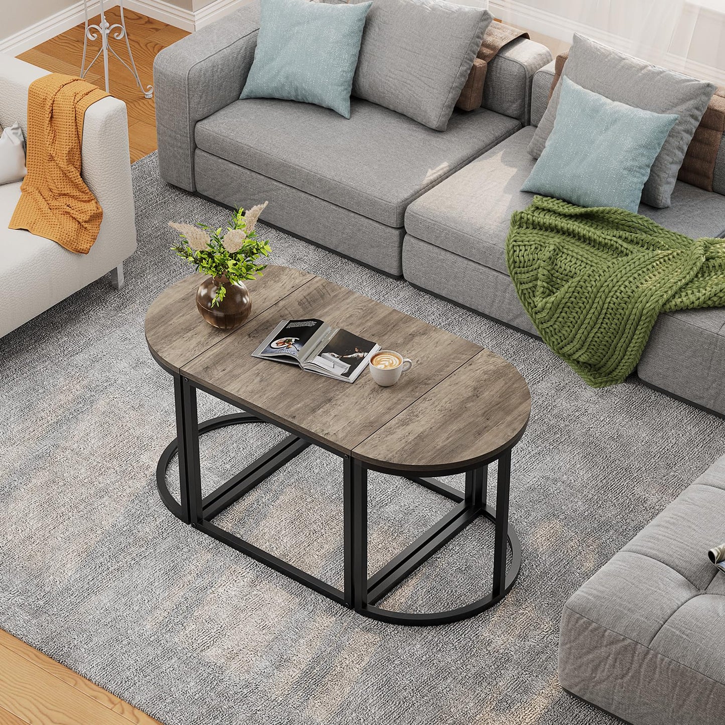 GreenForest Coffee Table Oval 3pcs Set, Modern Living Room Table with 2 End Tables, Small Center Table with Metal Frame for Home Apartment, Gray Wash