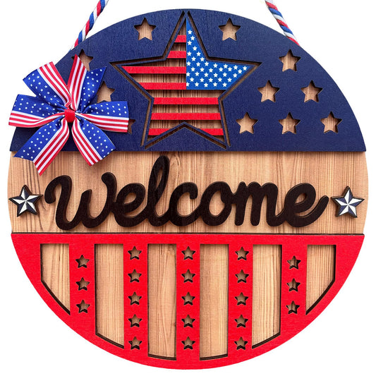3D Welcome Sign for Front Door Stars Wreath Decorations Summer Porch Decor Wooden Hanging Gift for Farmhuose Home Outdoor