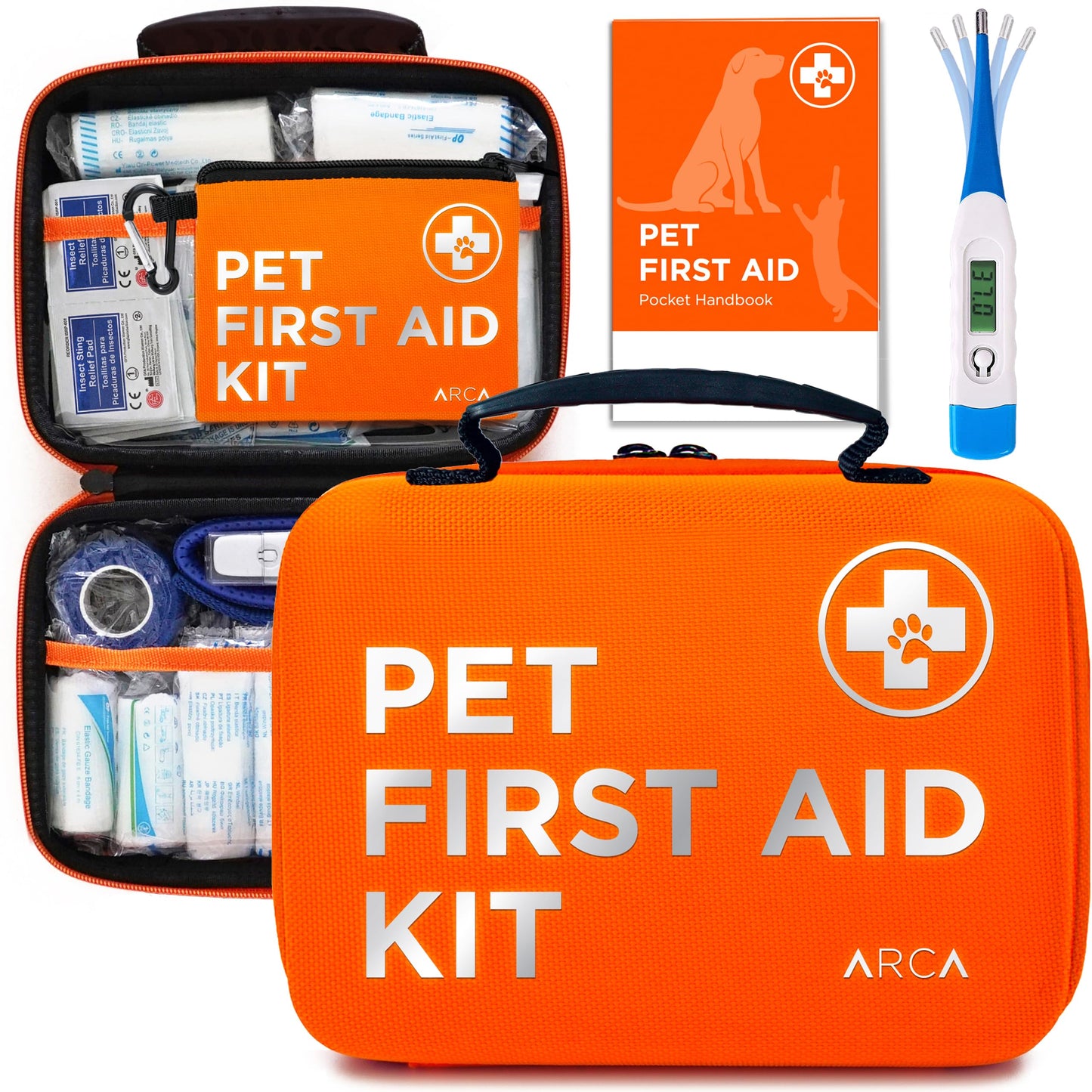 ARCA PET Cat & Dog First Aid Kit for Car - Pet Emergency Kit for Home Office Travel – Dog Camping Essentials with Digital Thermometer, Muzzle & Mini First Aid Pouch