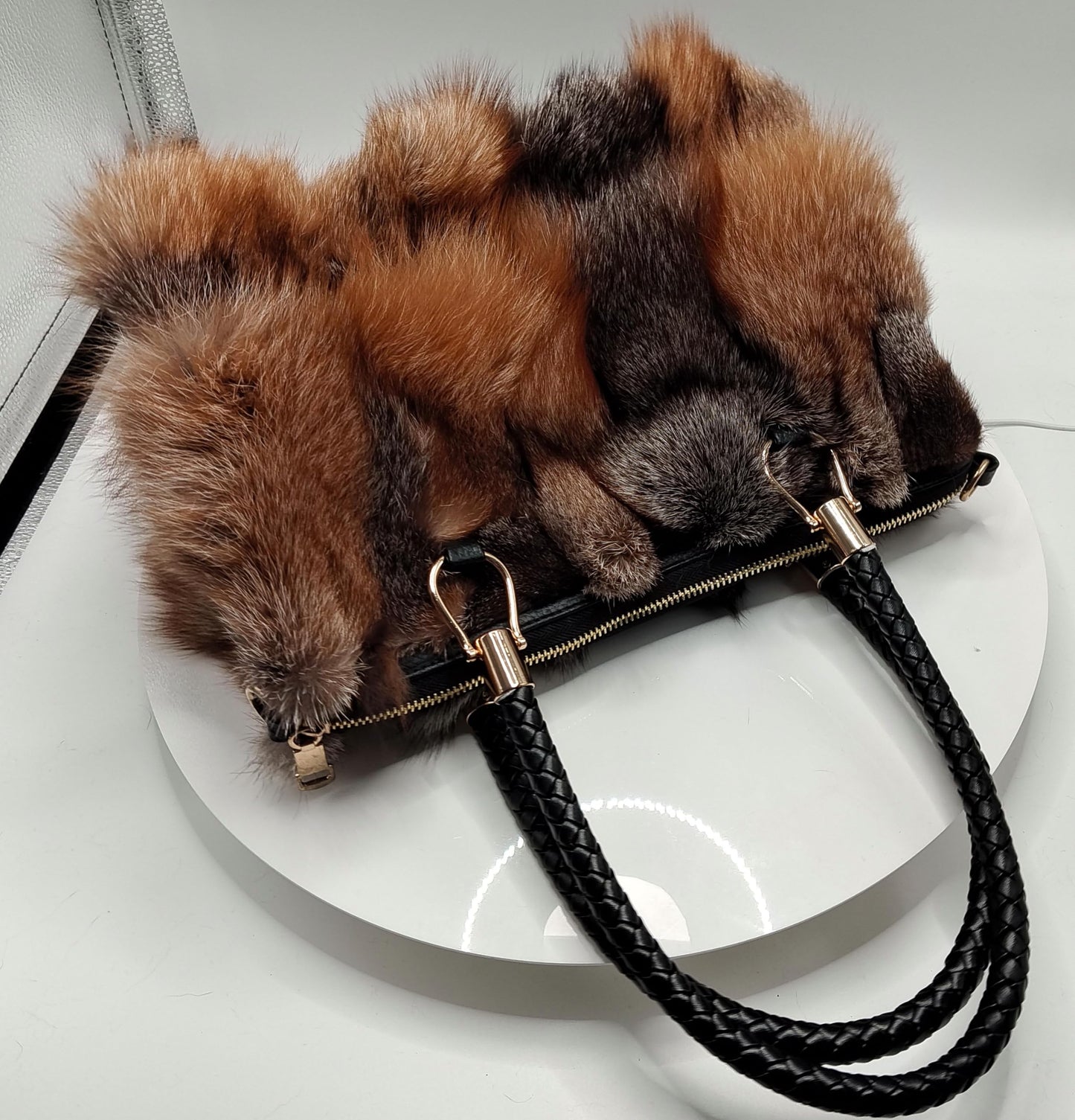 Fosrion Luxury Real Fox Fur Handbag For Women Ladies Furry Shoulder Bag (Fire)