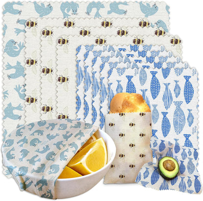 Beeswax Food Wrap 9-Pack (5S 3M 1L), Reusable Beeswax Wraps, Beeswax Wraps Reusable Sustainable Food Storage, Plastic-Free/Seal Bee Fish