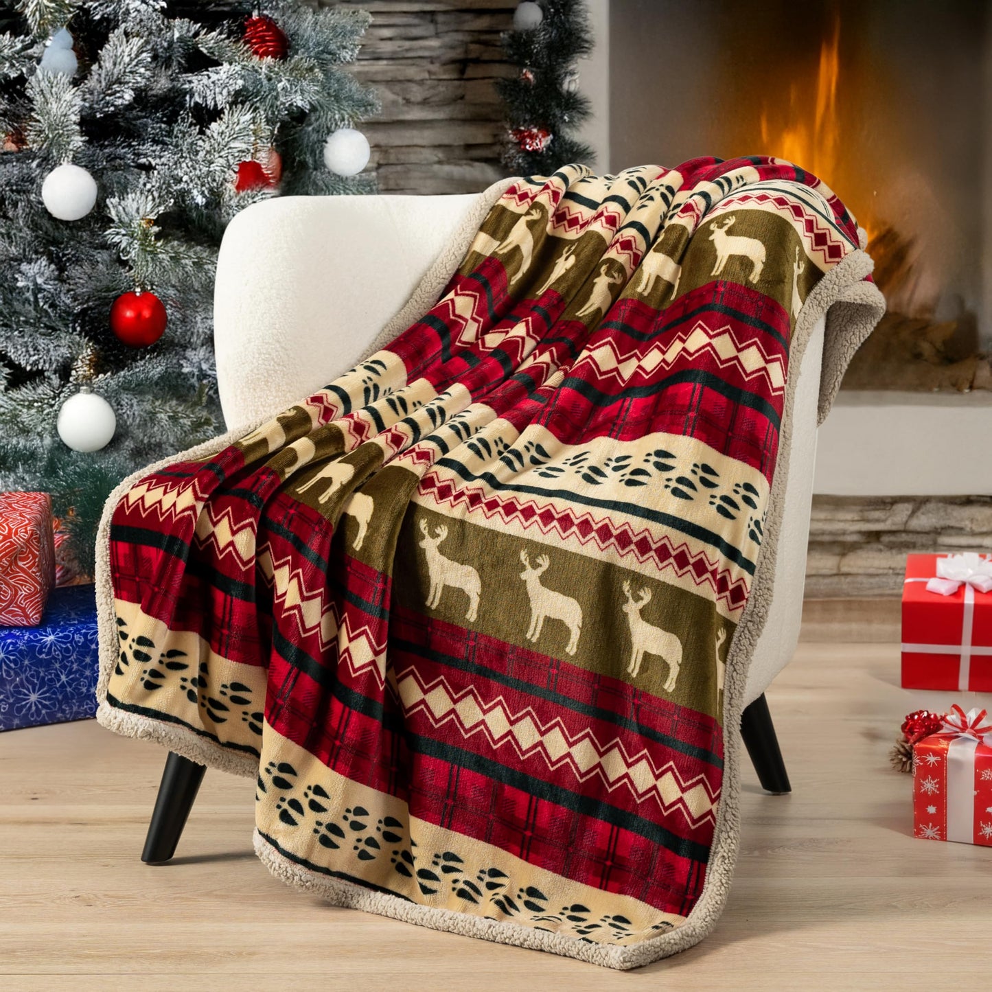 PAVILIA Premium Christmas Blanket Sherpa Fleece Throw| Plush Christmas Decoration, Reindeer, Cozy Reversible Winter Holiday Cabin Blanket for Sofa Couch 50x60