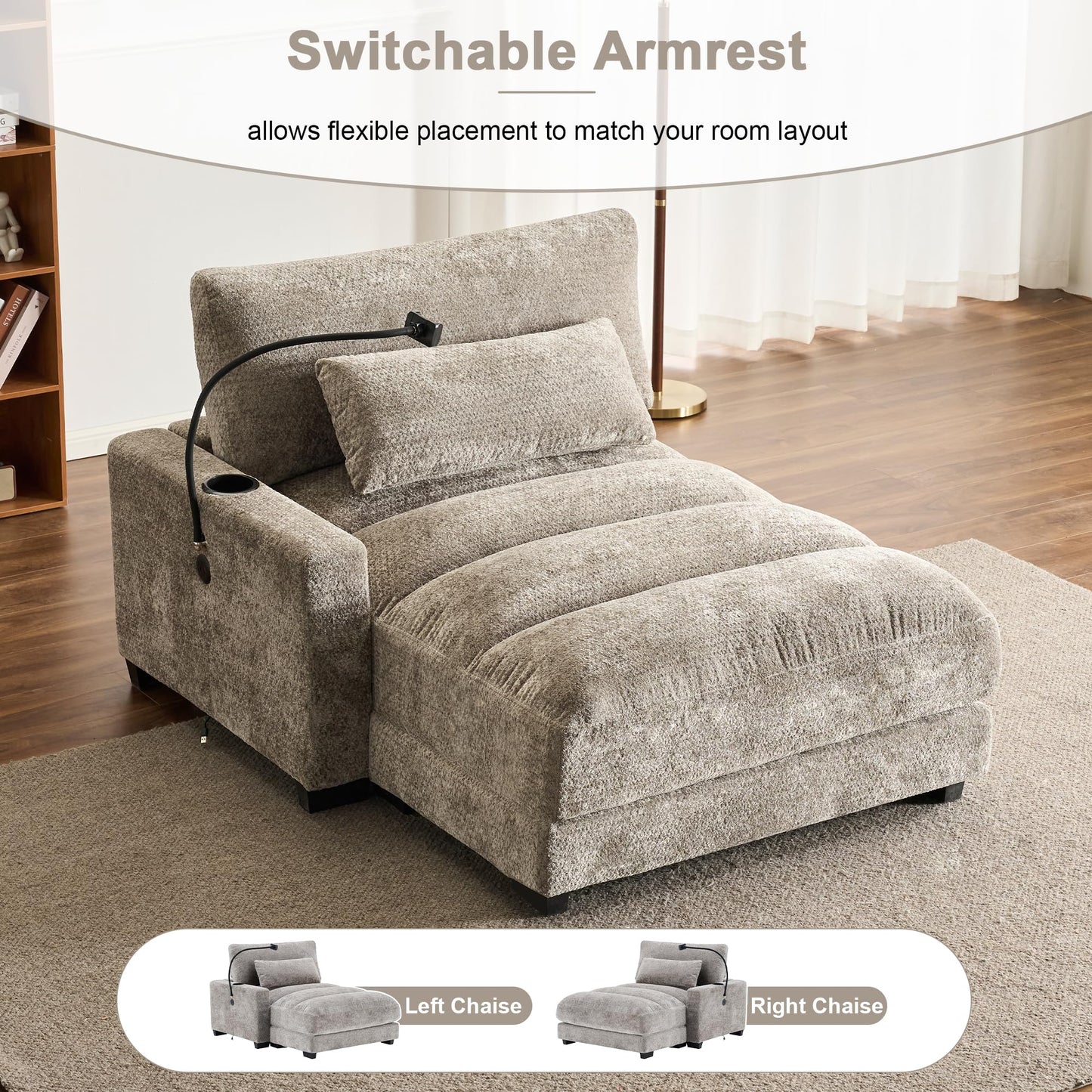 IHDKO Oversized Chaise Lounge Chair Indoor, Comfy Lounge Sleeper Sofa with USB Ports, Cup & Phone Holders, Chenille Cloud Reading Chair Bed for Living Room, Bedroom, Office (Grey)