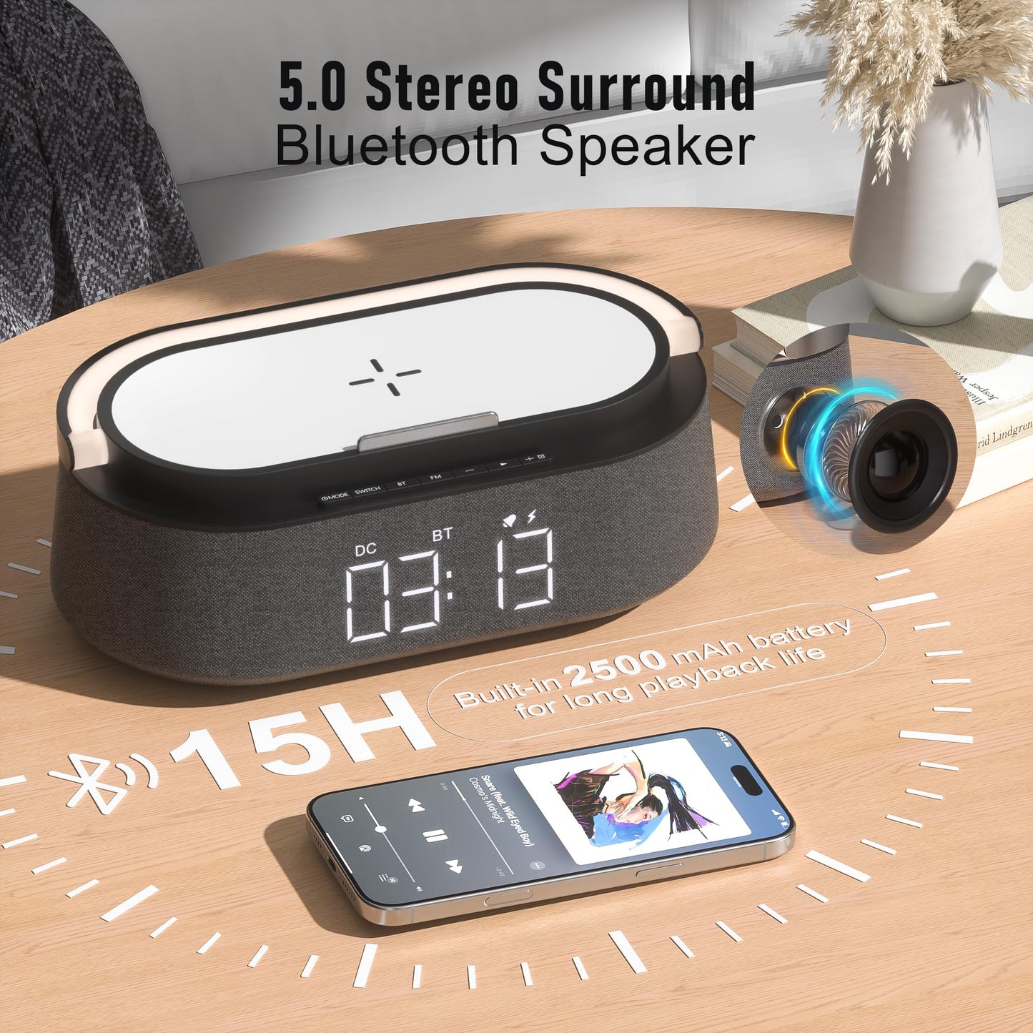 FREEFISH Bluetooth Speaker with Fast Wireless Charger,FM Radio,Touch LED Night Light,Phone Holder,Snooze, Portable Wireless Speaker for Bedrooms Office Home, Gifts (Black)