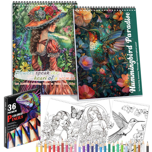Adult Coloring Book for Women, 48 Pages Spiral Bound Coloring Books with 36 Colored Pencils for Stress Relief, Inspirational Gifts for Women, Hummingbird & Flower Girls Styles, 2 Pack
