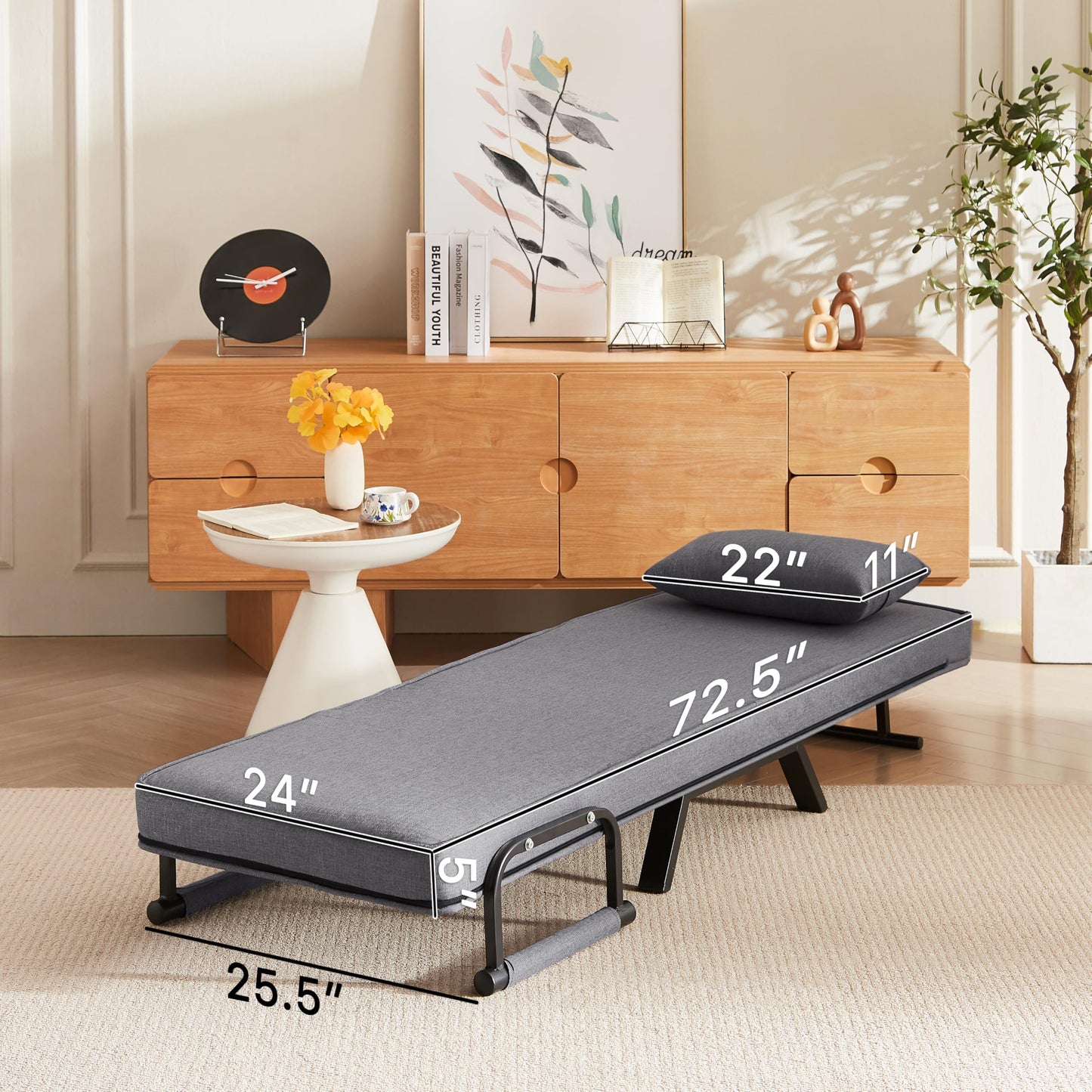 QQU 5-in-1 Convertible Sleeper Chair, Adjustable Folding Sofa Pull Out Bed, Chaise Lounge & Single Bed, Lounge Chair Indoor for Small Spaces, Living Room, Office, Apartment, Guest Room, Grey