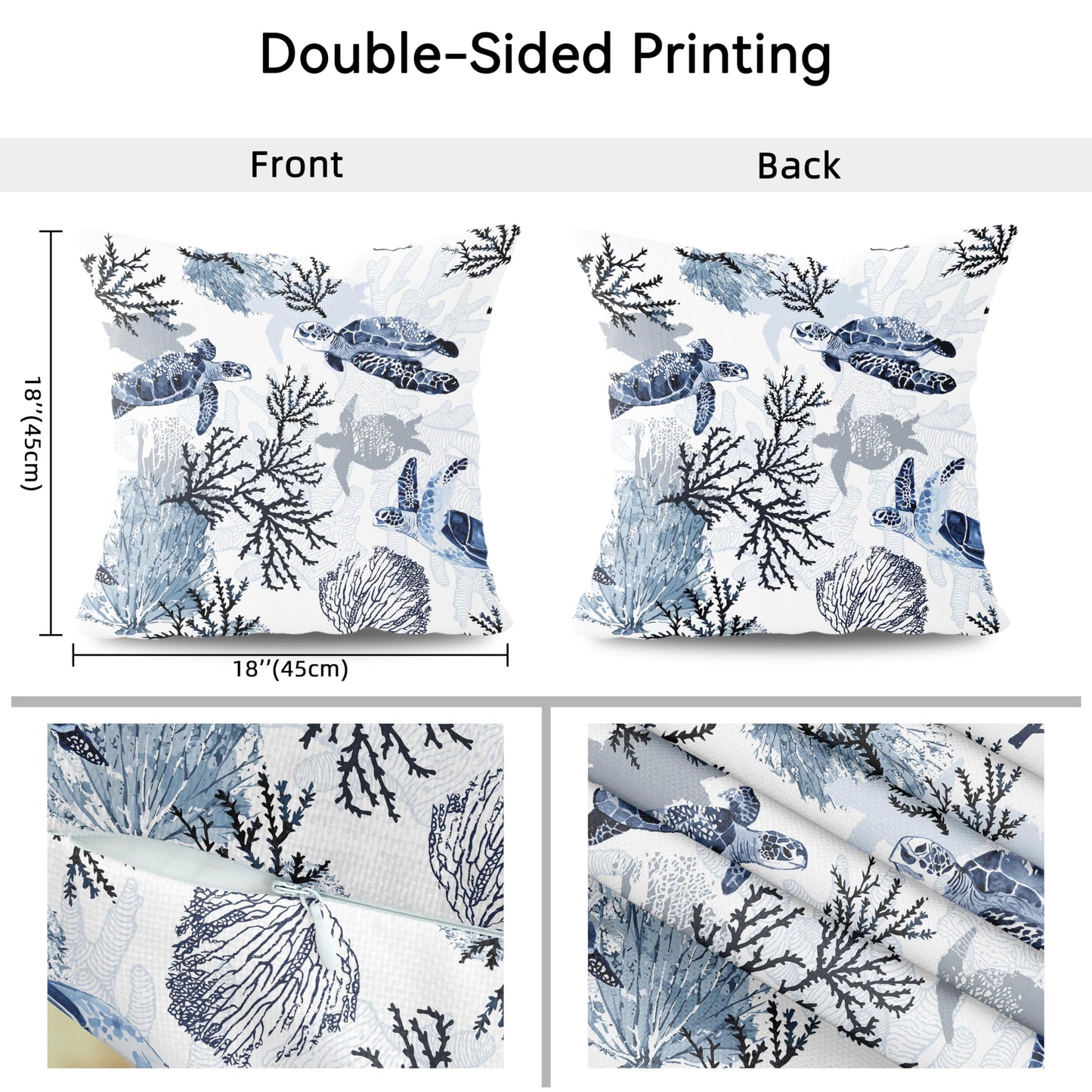 weesire Nautical Coastal Throw Pillow Covers Set of 2 Beach Themed Ocean Coral Sea Turtle Decorative Pillow Cases Outdoor Sofa Cushion Cover for Bedroom Living Room, 18x18, Blue