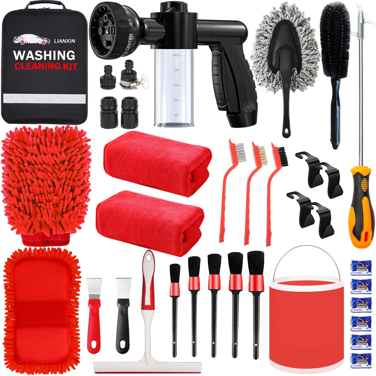 LIANXIN Car Wash Kit Car Wash Cleaning Kit Car Wash Foam Gun Sprayer Microfiber Sponge and Towels Car Foam Gun Tire Brush Collapsible Bucket Car Washing Kit