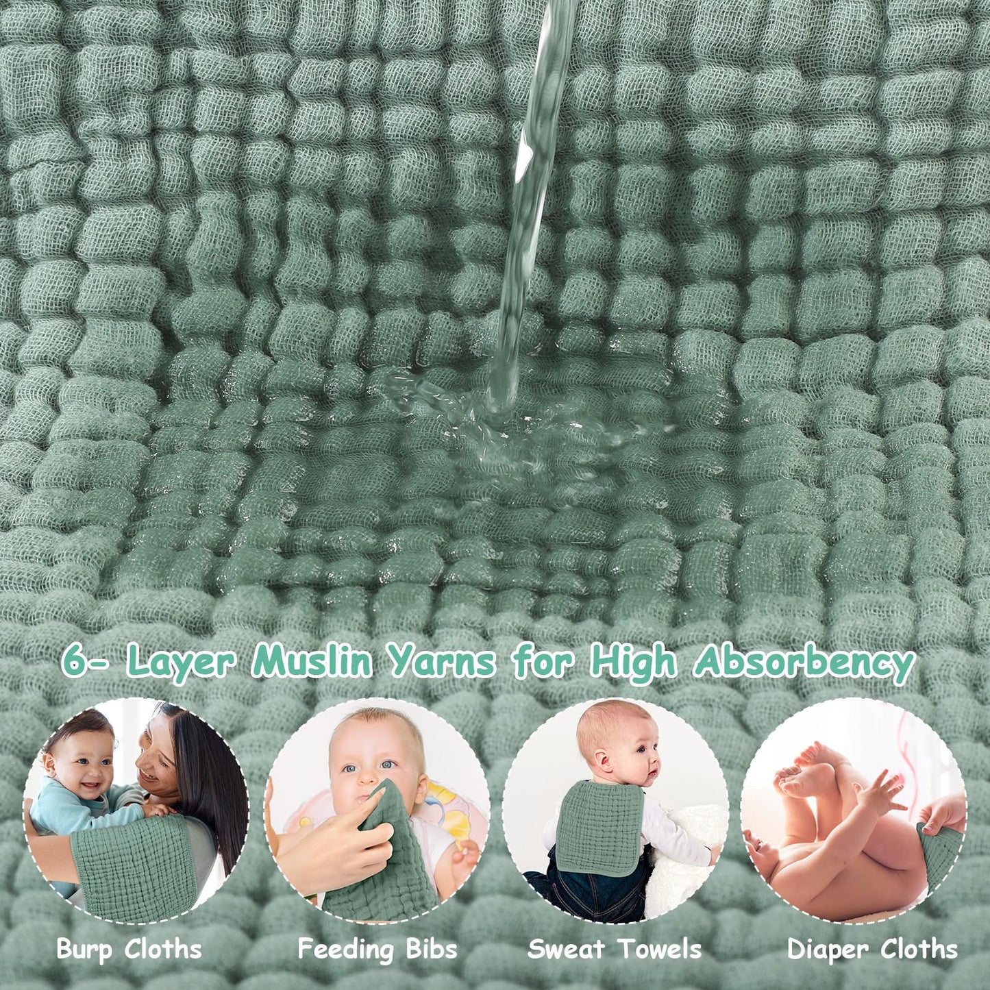 Looxii Muslin Burp Cloths 6 Pack - 20" x 10" - Ultra Soft & Absorbent, 6-Layer 100% Cotton for Spit Up & Drool- Gentle Baby Burping Cloth, Newborn Boys Girls Essentials, Dark Green