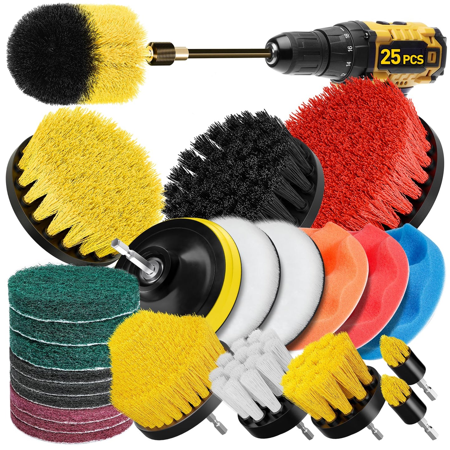 CasaCulina 25 Pack Drill Brush Attachment Set, Scrub Pads & Sponge, All Purpose Power Clean Scrubber Brushes with Extend Long Attachment, Car Polishing Pad Kit, Cleaning Supplies for Grout Tile Sink