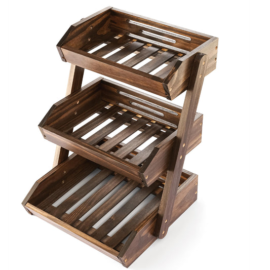 Large Capacity 2-Tier Wooden Fruit Basket, Durable Acacia Wood, 10.5" Tall, Spacious for Produce, Vegetables, Bread Storage and Home Kitchen Countertop