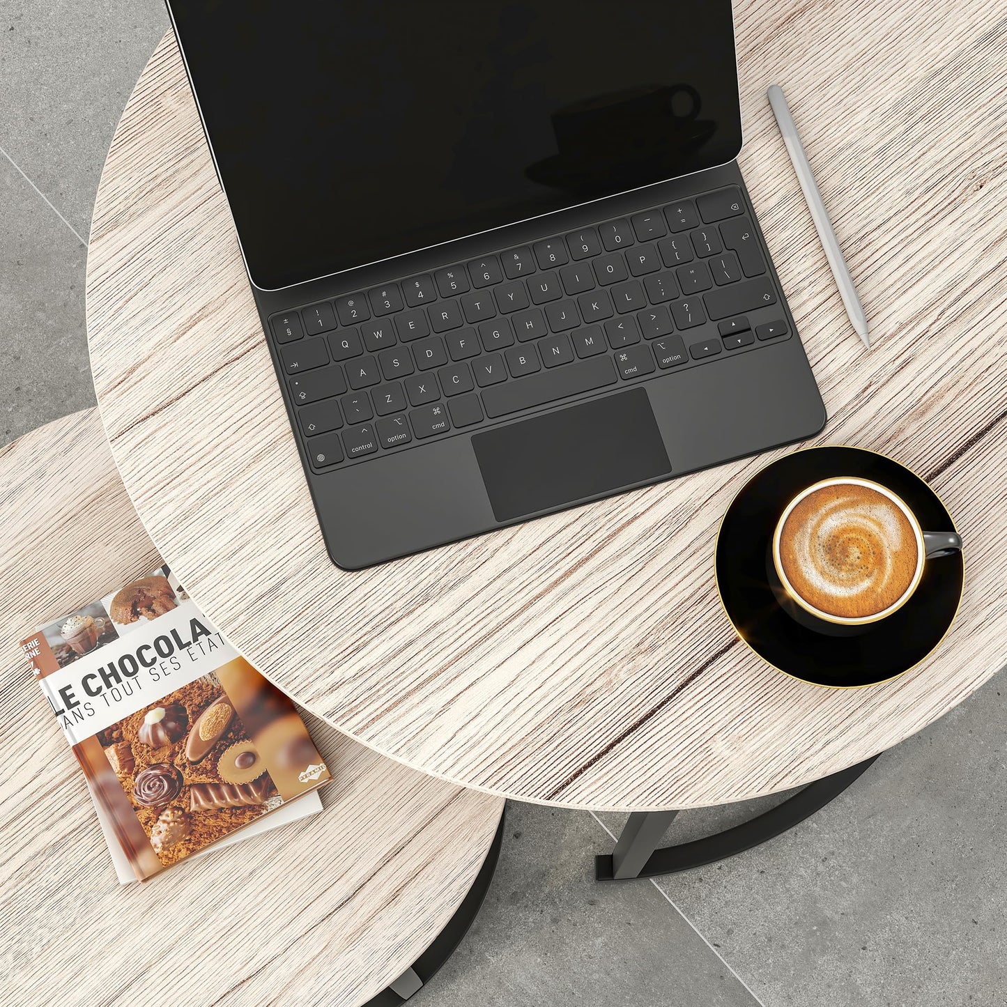 HOJINLINERO Round Coffee Table Set of 2 for Living Room,Black Small Coffee Table Living Room Table,Nesting Tables Metal Frame/Wood,Sturdy and Easy Assembly,Stacking Side Tables Bedroom,White Oak