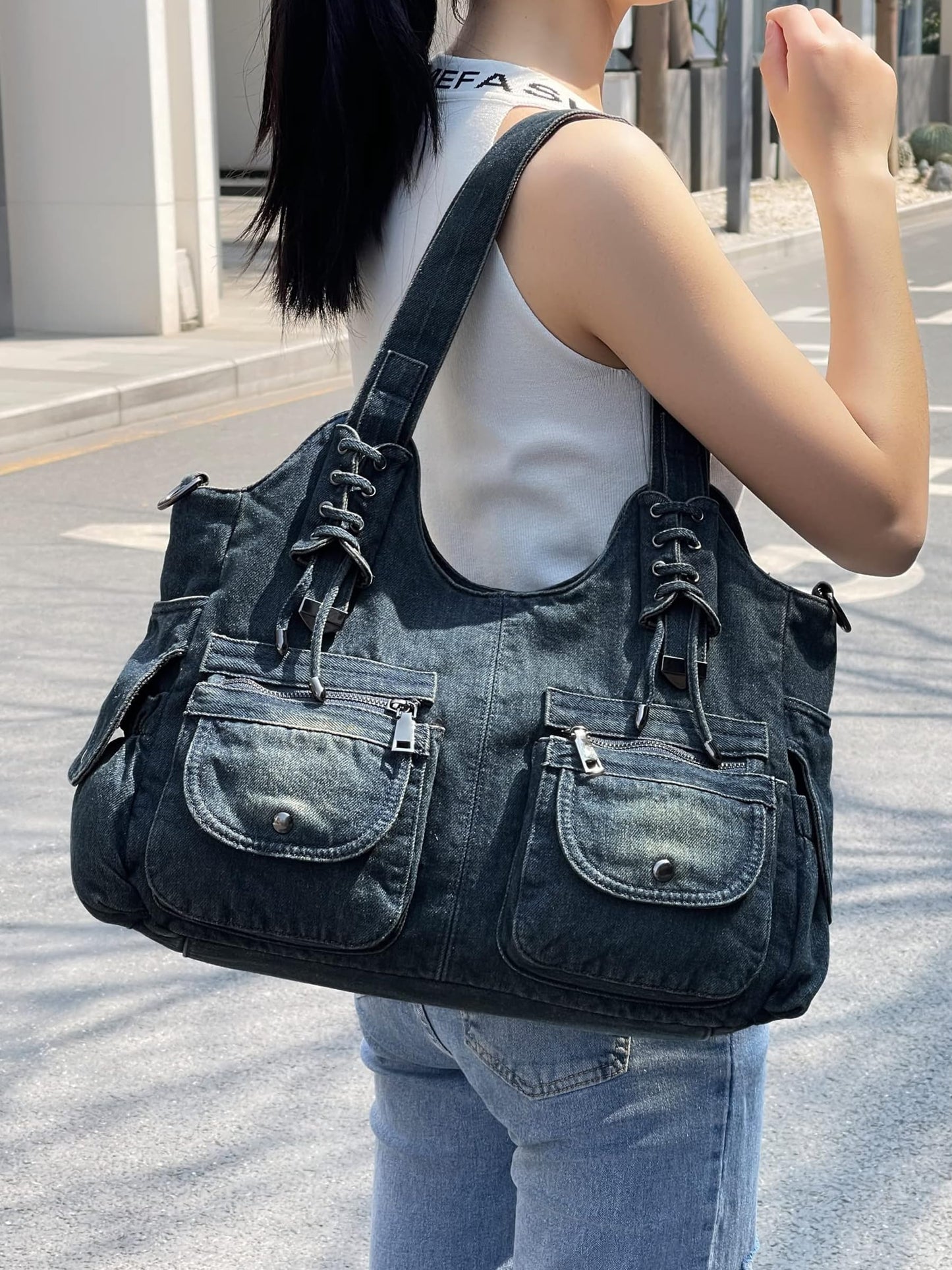 YeFine Casual Washed Denim Shoulder Bags Top Handle Lady's Hobo Bags Women Purses And Handbags (Deep Blue)