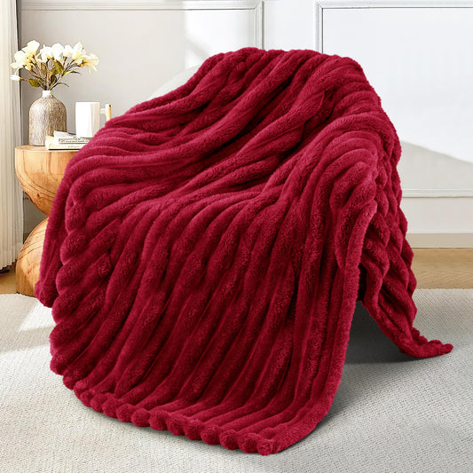 Exclusivo Mezcla Fleece Throw Blanket for Couch, Super Soft Striped Jacquard Bed Blanket, Lightweight Fuzzy Cozy for All Seasons, 50x60 Inches, Deep Red