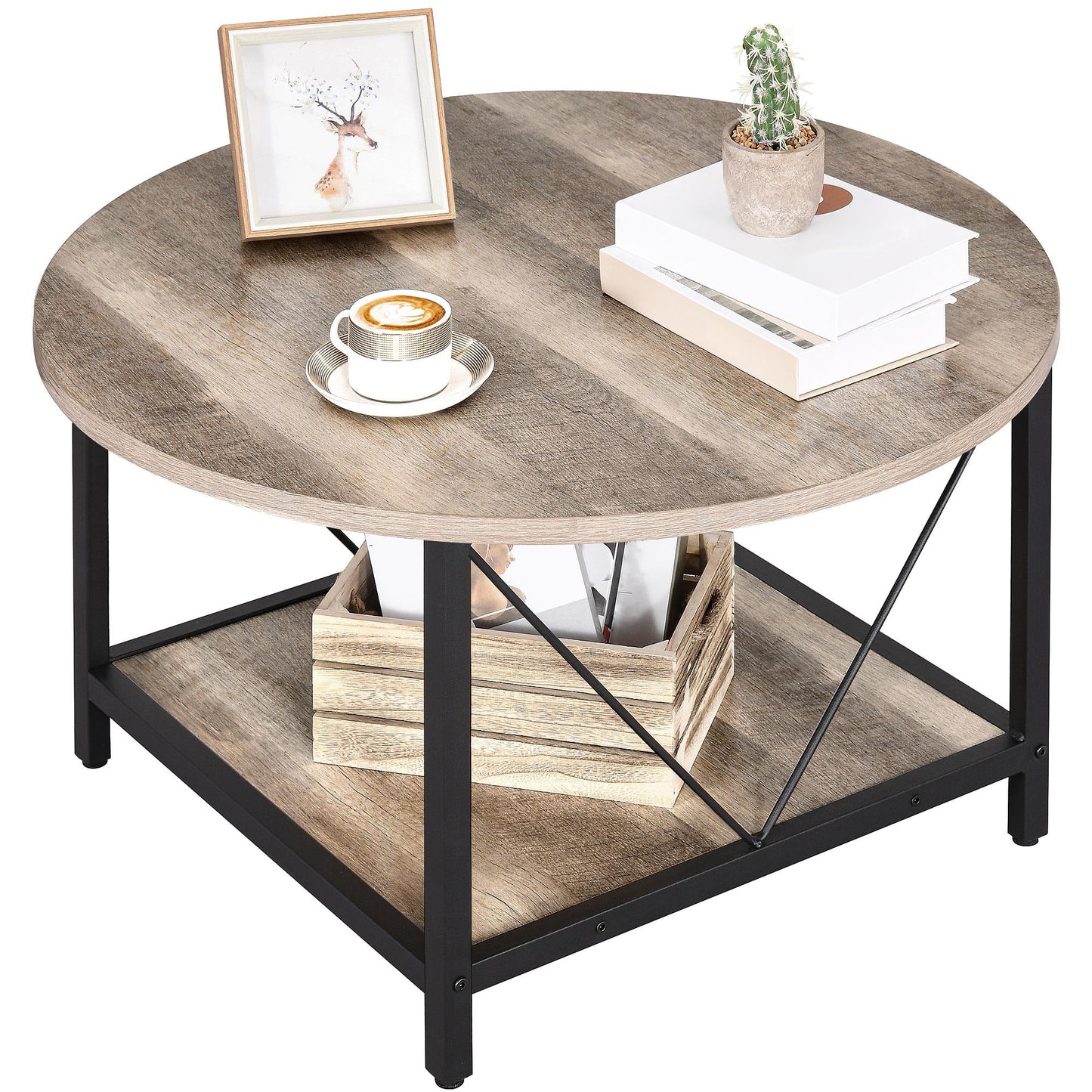 YITAHOME Round Coffee Table, Rustic Wood Coffee Tables for Living Room, Farmhouse Circle Coffee Table with 2-Tier Storage, Center Table with Sturdy Metal Legs Storage Shelf, Grey Wash