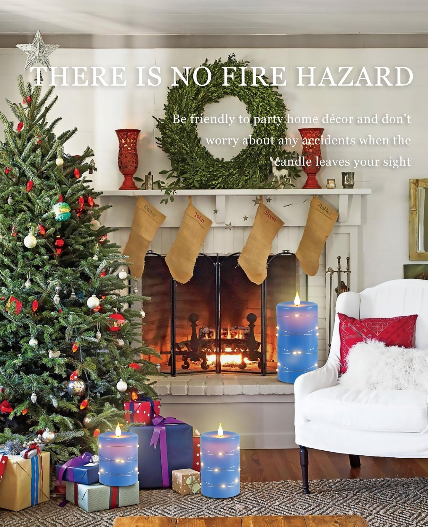 Da by Flameless Candles with String Lights，Battery Operated Candles,LED Flickering Candles with Remote Control and Timer, Real Wax, 3 Pack-Blue