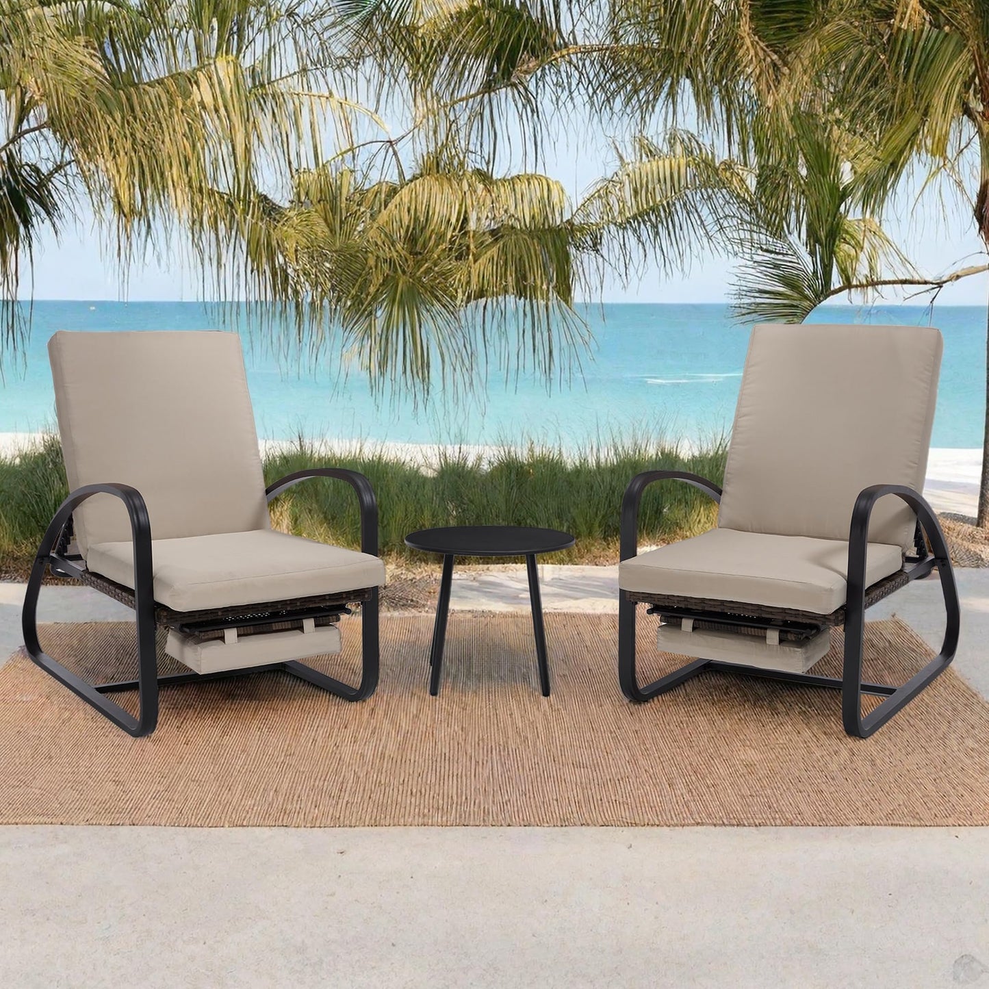DAYARUS 3 Piece Patio Furniture Set with Pullout Footrest, Adjustable Backrest Patio Conversation Set, Metal Patio Chairs with Coffee Table, Outdoor Furniture Lounge Recliner for Lawn/Balcony, Khaki