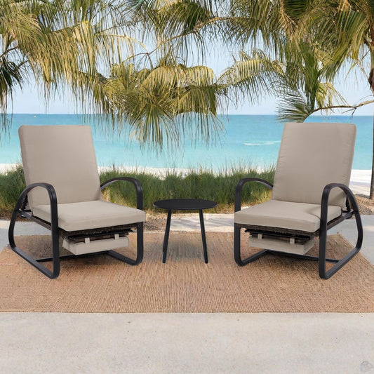 DAYARUS 3 Piece Patio Furniture Set with Pullout Footrest, Adjustable Backrest Patio Conversation Set, Metal Patio Chairs with Coffee Table, Outdoor Furniture Lounge Recliner for Lawn/Balcony, Khaki