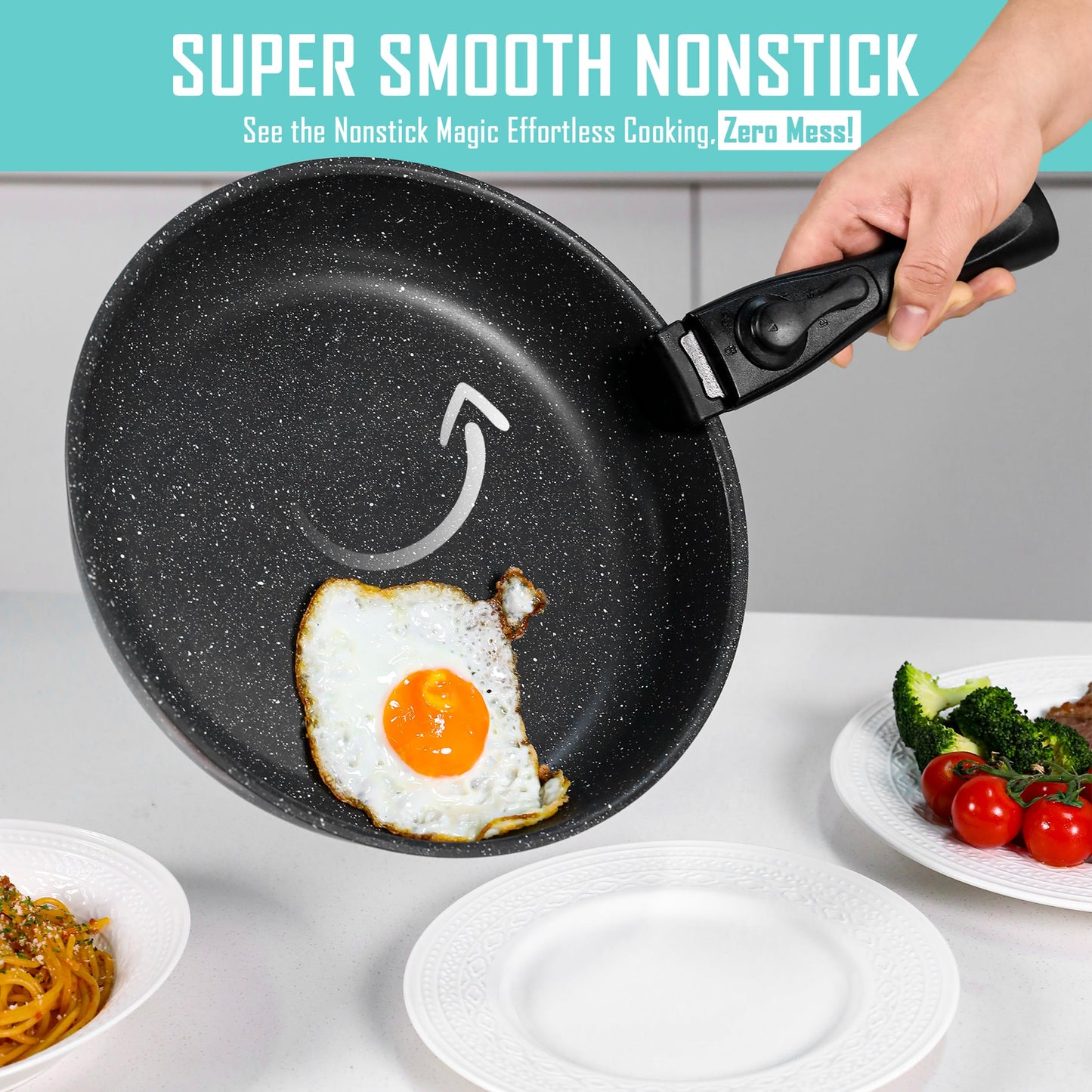 15-Piece Premium Nonstick Cookware Set – Marble Coated Pots & Pans (Interior & Exterior), Removable Handle, Space-Saving for RVs & Small Kitchens, Induction & Oven Safe, PFOA-Free